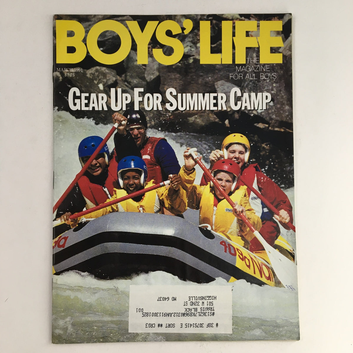 Boys' Life Magazine March 1991 featuring 'Gear Up For Summer Camp' cover, showcasing kids in life jackets on a rafting adventure, highlighting outdoor fun and summer activities.