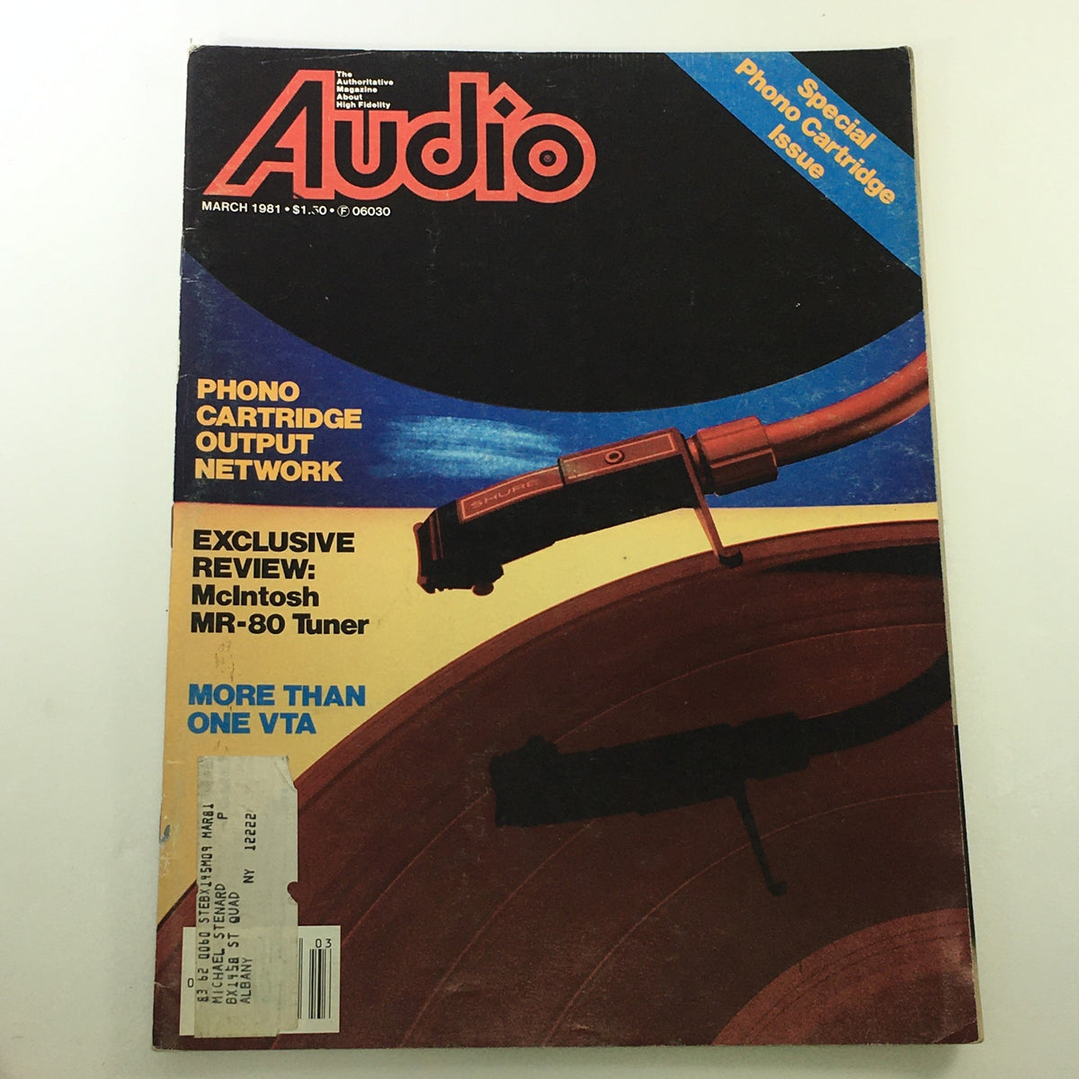 VTG Audio and Music Magazine March 1981 cover featuring an exclusive review of the McIntosh MR-80 Tuner, showcasing vibrant colors and a phono cartridge highlighted against a record.