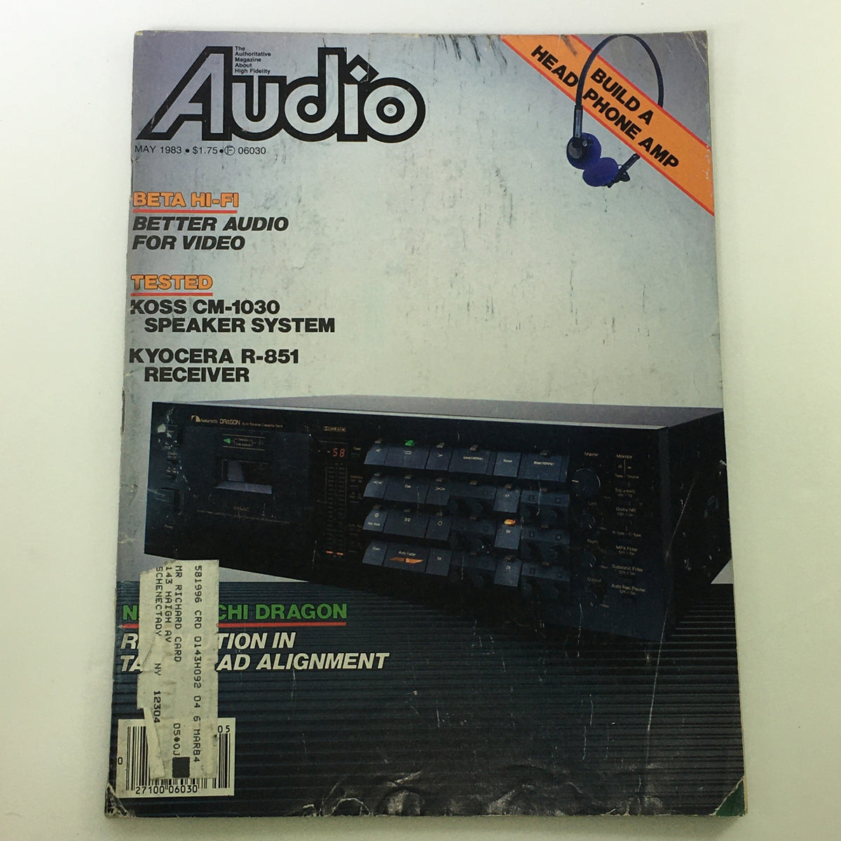 Cover of VTG Audio and Music Magazine May 1983 featuring Koss headphone review and Kyocera R-851 receiver. The magazine showcases vintage audio technology with prominent text and a captivating design.