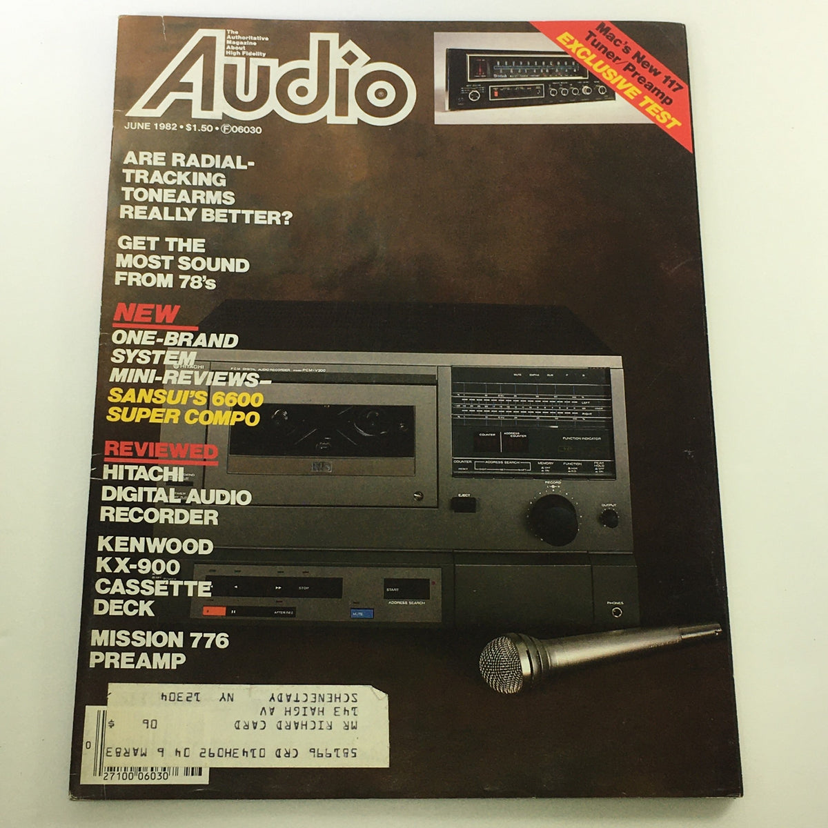 Vintage Audio and Music Magazine June 1982 cover featuring a review of the Hitachi Digital Audio Recorder and articles on audio equipment.