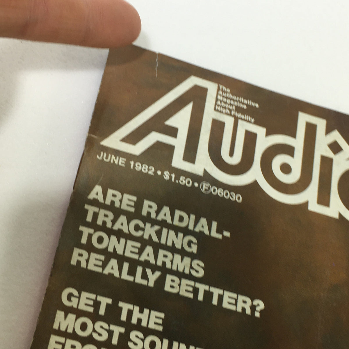 Close-up of the Vintage Audio and Music Magazine June 1982 cover, showcasing the title and details of featured articles including a review of the Hitachi Digital Audio Recorder.