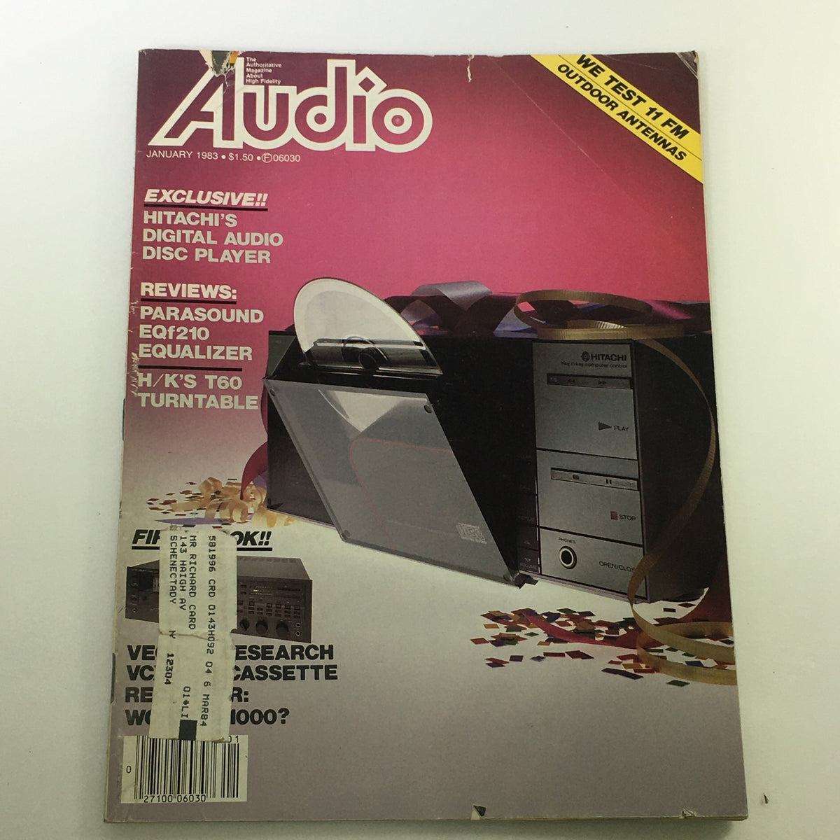 Audio and Music Magazine, January 1983 cover featuring Hitachi's Digital Audio Disc Player, showcasing vintage audio technology and music culture.