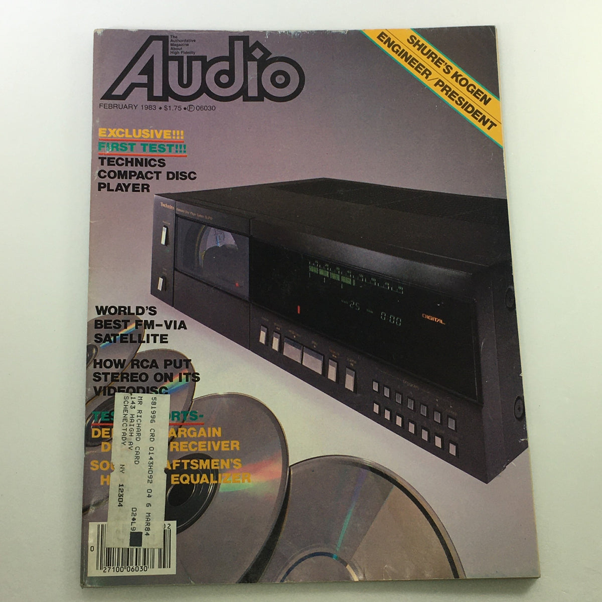 Cover of VTG Audio and Music Magazine February 1983 featuring a Technics Compact Disc Player and an interview with James Kogen of Shure Radio Company.