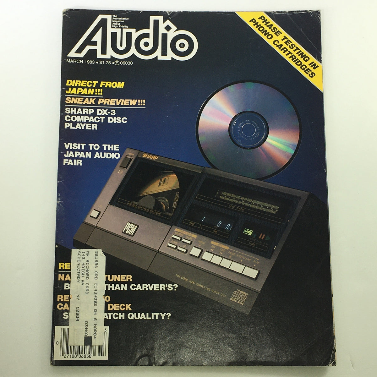 Cover of VTG Audio and Music Magazine from March 1983, featuring a Sharp DX-3 Compact Disc Player and highlighting a visit to the Japan Audio Fair. The cover includes promotional text such as 'Direct from Japan' and snippets about audio equipment, alongside an image of a compact disc.