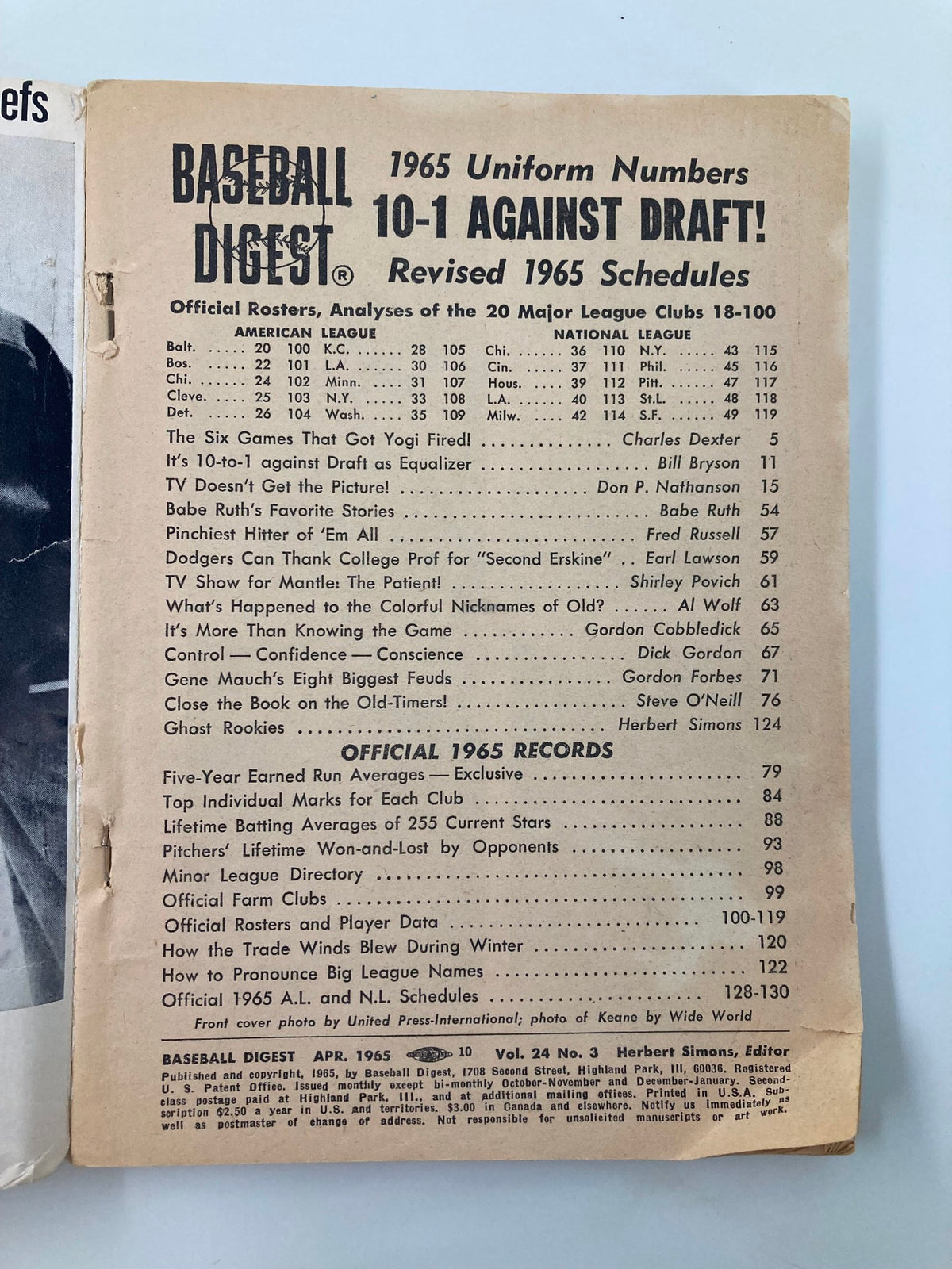 Inside page of VTG Baseball Digest April 1965 listing the 1965 uniform numbers and schedules, illustrating the official rosters of major league teams.
