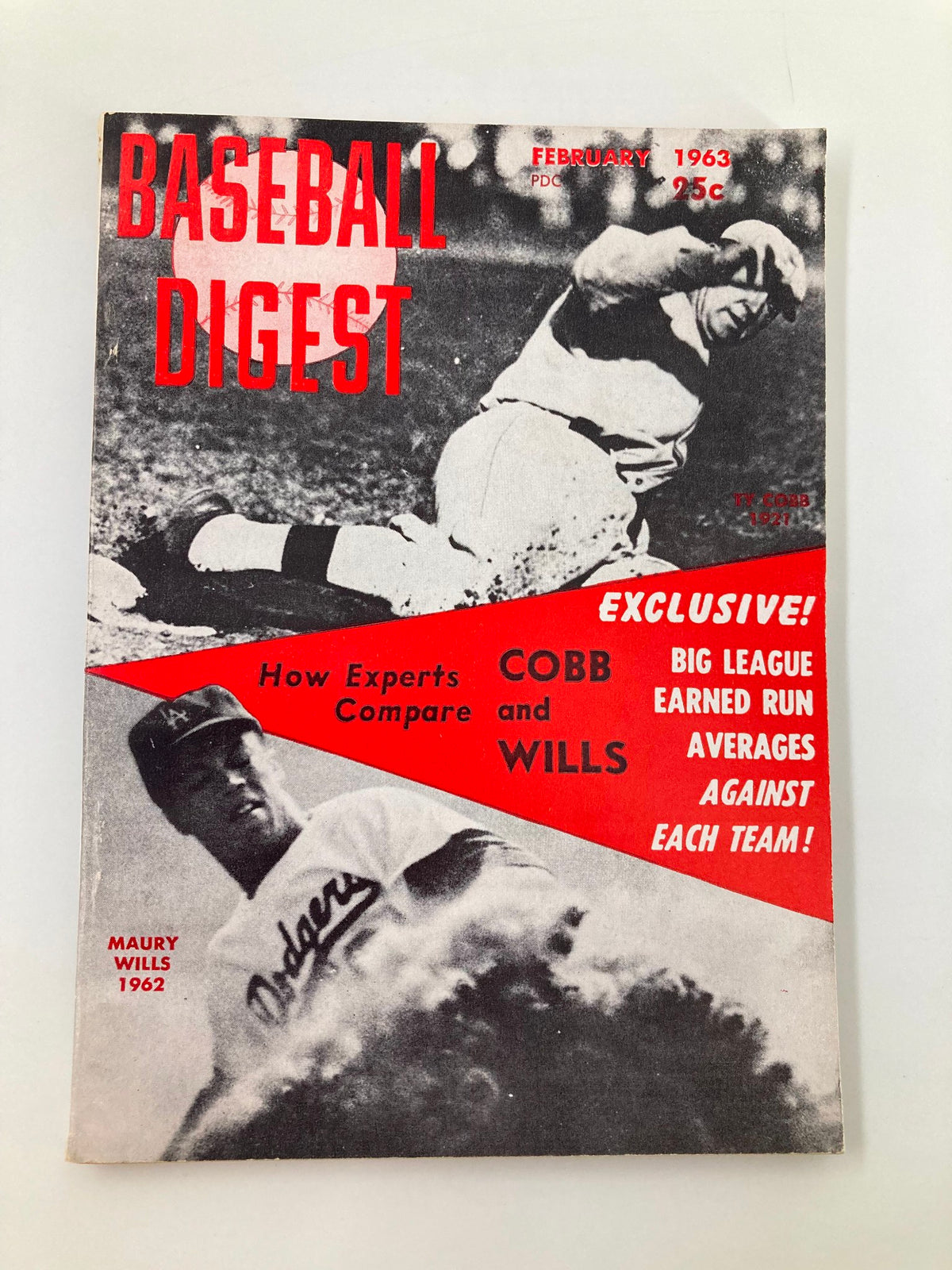 Cover of VTG Baseball Digest February 1963 featuring legends Ty Cobb and Maury Wills, highlighting comparison between the two players and showcasing a classic baseball design.