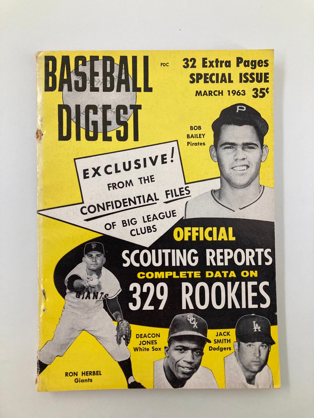 Cover of VTG Baseball Digest March 1963 featuring players Bob Bailey, Ron Herbel, and Deacon Jones, showcasing vintage baseball history.