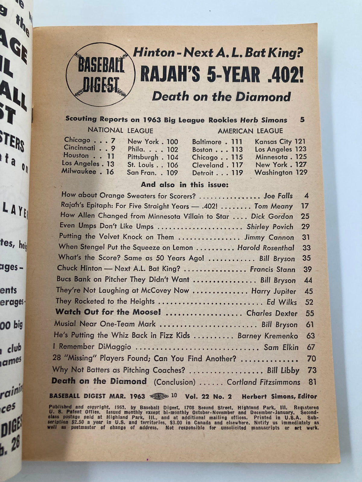 Interior page of VTG Baseball Digest March 1963 highlighting scouting reports and articles on baseball rookies and players.