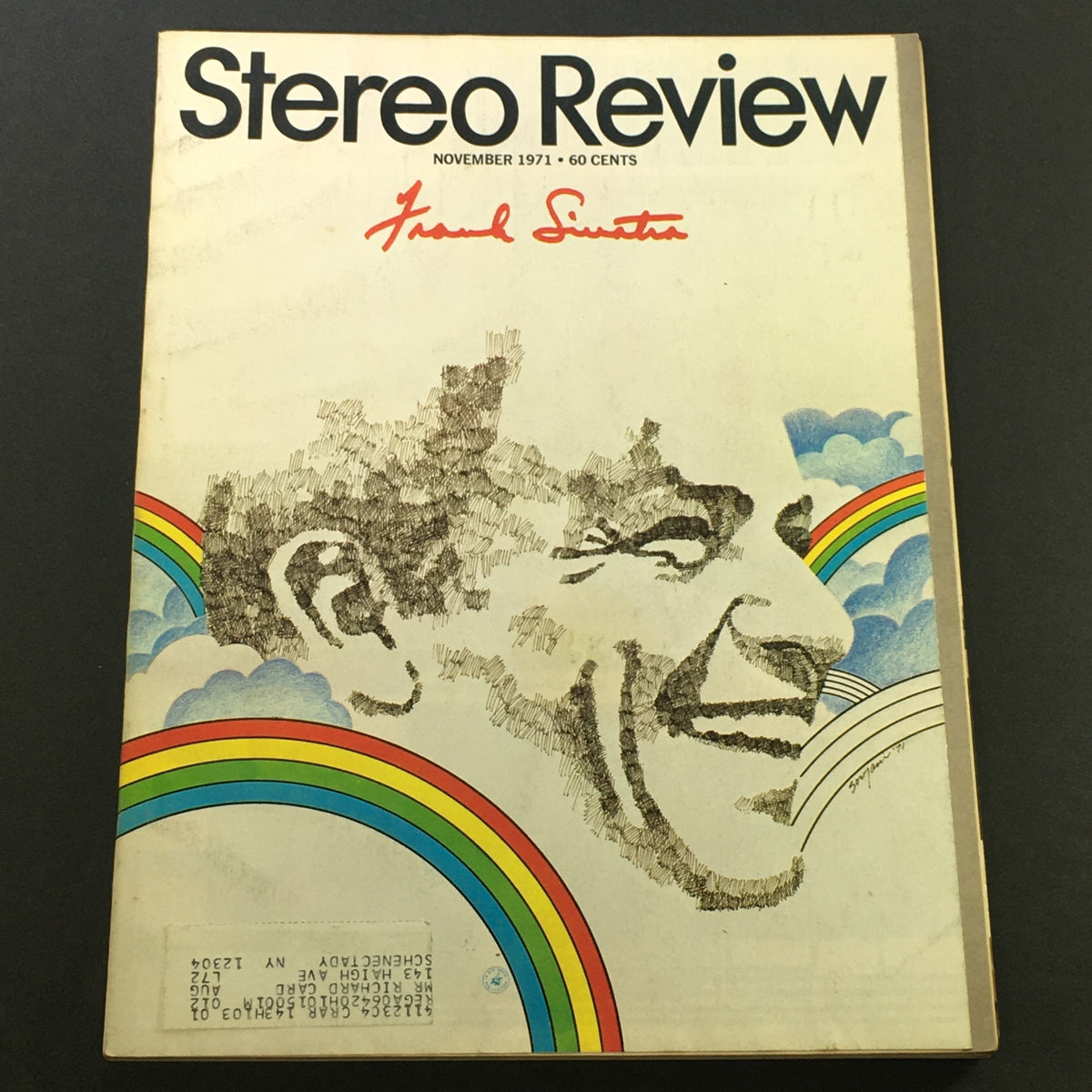 Vintage Stereo Review Magazine from November 1971 featuring Frank Sinatra on the cover, showcasing iconic illustrations and vibrant rainbows, a collectible for music history enthusiasts.