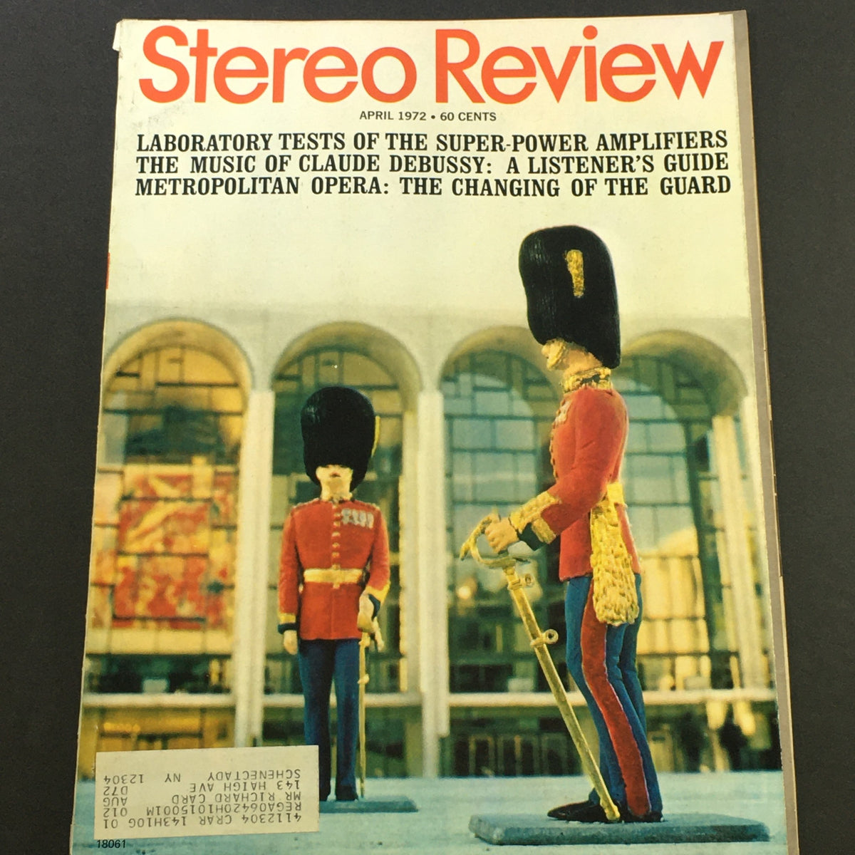 VTG Stereo Review Magazine April 1972 cover featuring soldiers in traditional uniforms and showcasing articles on Claude Debussy's music, alongside tests of super-power amplifiers.