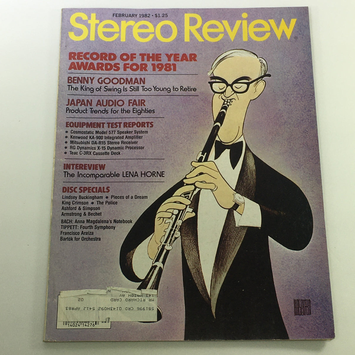 Cover of the Vintage Stereo Review Magazine February 1982 featuring Lindsey Buckingham and King Crimson, highlighting Record of the Year Awards and featuring articles on audio equipment.