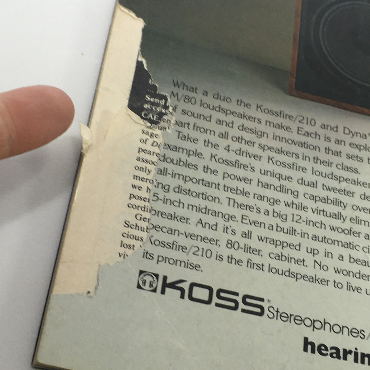 Back cover of the Vintage Stereo Review Magazine February 1982 showing condition details, including wear and a tear, emphasizing the magazine's vintage character.