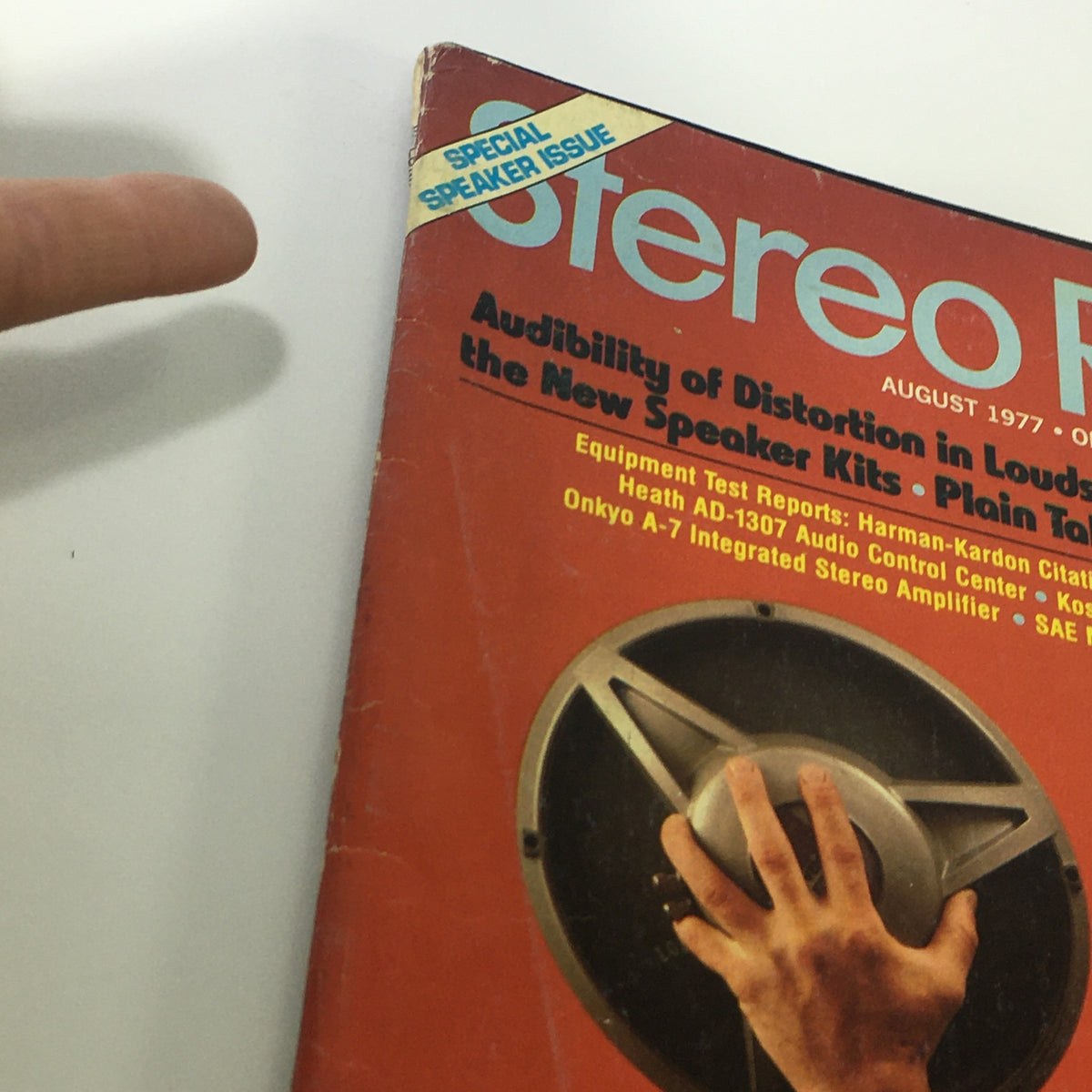 Close-up of the Stereo Review Magazine August 1977 cover highlighting a special speaker issue with a focus on speaker design insights.