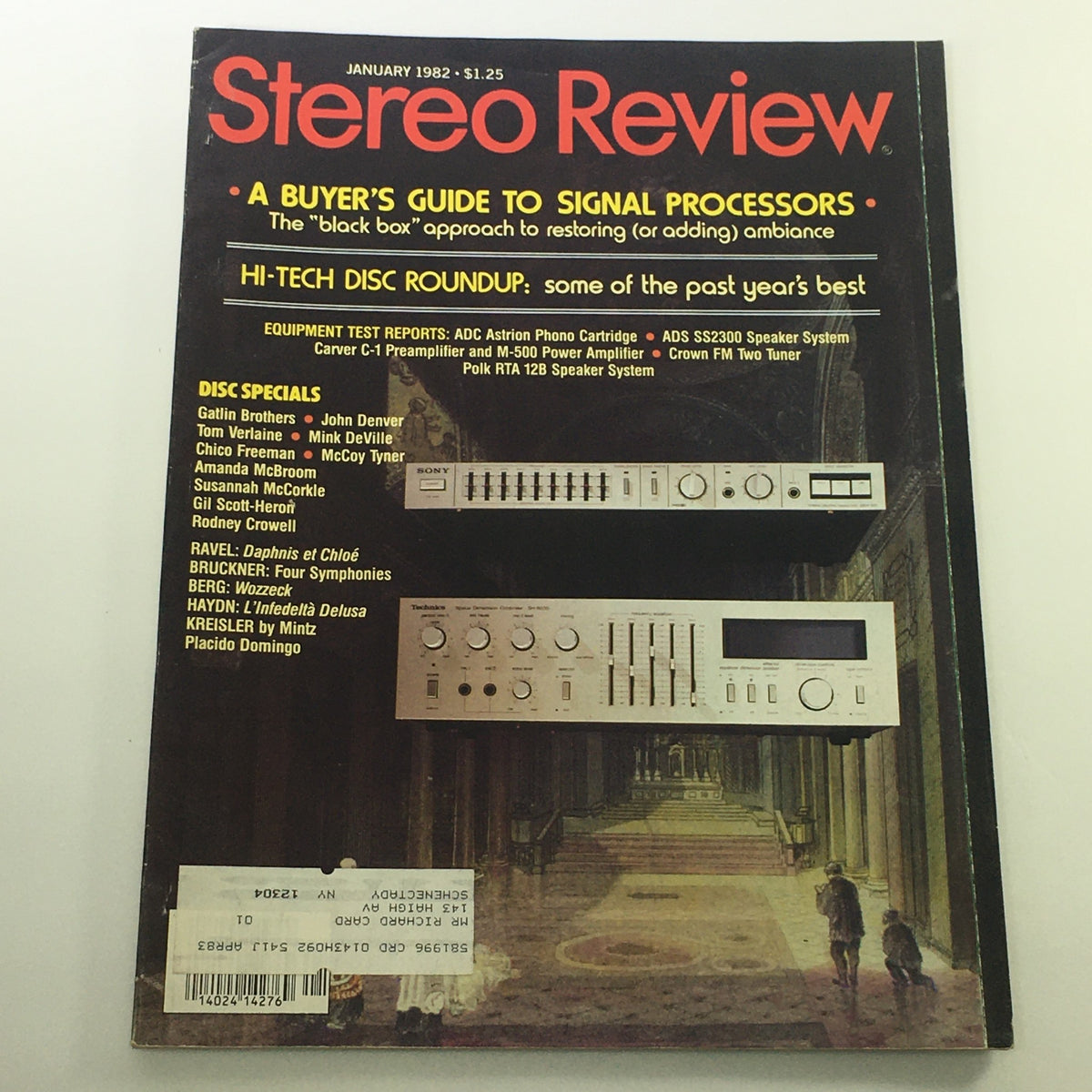 Cover of VTG Stereo Review Magazine January 1982 featuring the Gatlin Brothers and John Denver on the magazine's disc specials list. The headline reads 'Stereo Review' with additional notes about signal processors and equipment test reports.