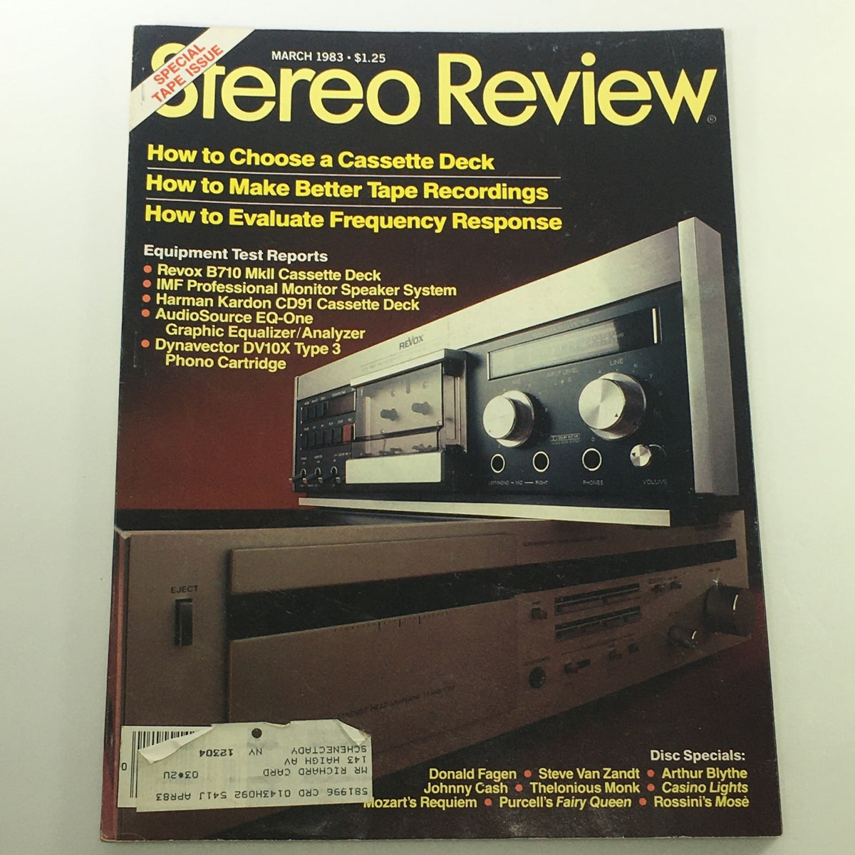 Cover of the VTG Stereo Review Magazine March 1983 featuring a special tape issue with articles on cassette decks, better tape recordings, and frequency response evaluation. Highlights include Donald Fagen and Casino Lights information.