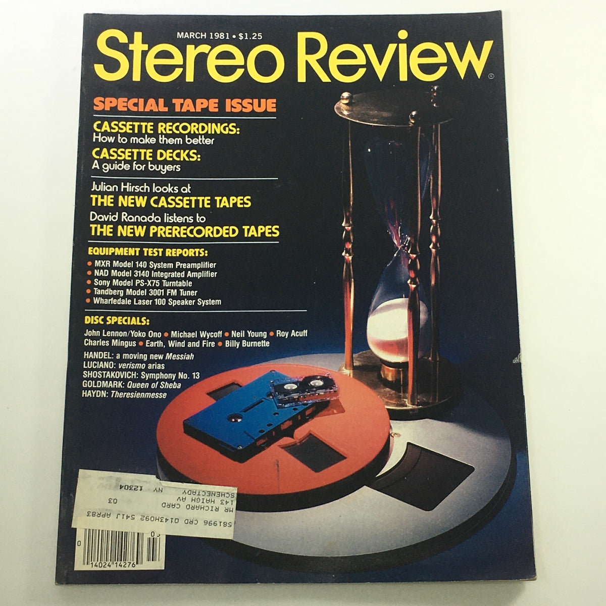 March 1981 edition of Stereo Review magazine featuring John Lennon, Yoko Ono, and Neil Young. The cover showcases a special tape issue with articles on cassette recordings and decks, illustrating an iconic moment in music history.