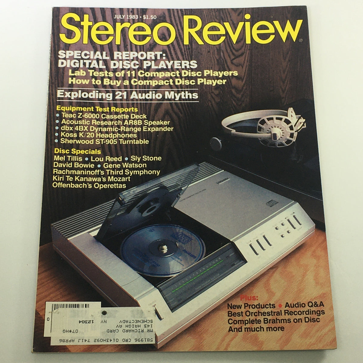 Vintage Stereo Review Magazine from July 1983 featuring Mel Tillis, Lou Reed, and Sly Stone. The cover contains a special report on digital disc players with an image of a cassette deck and audio equipment, showcasing the era's music industry insights.