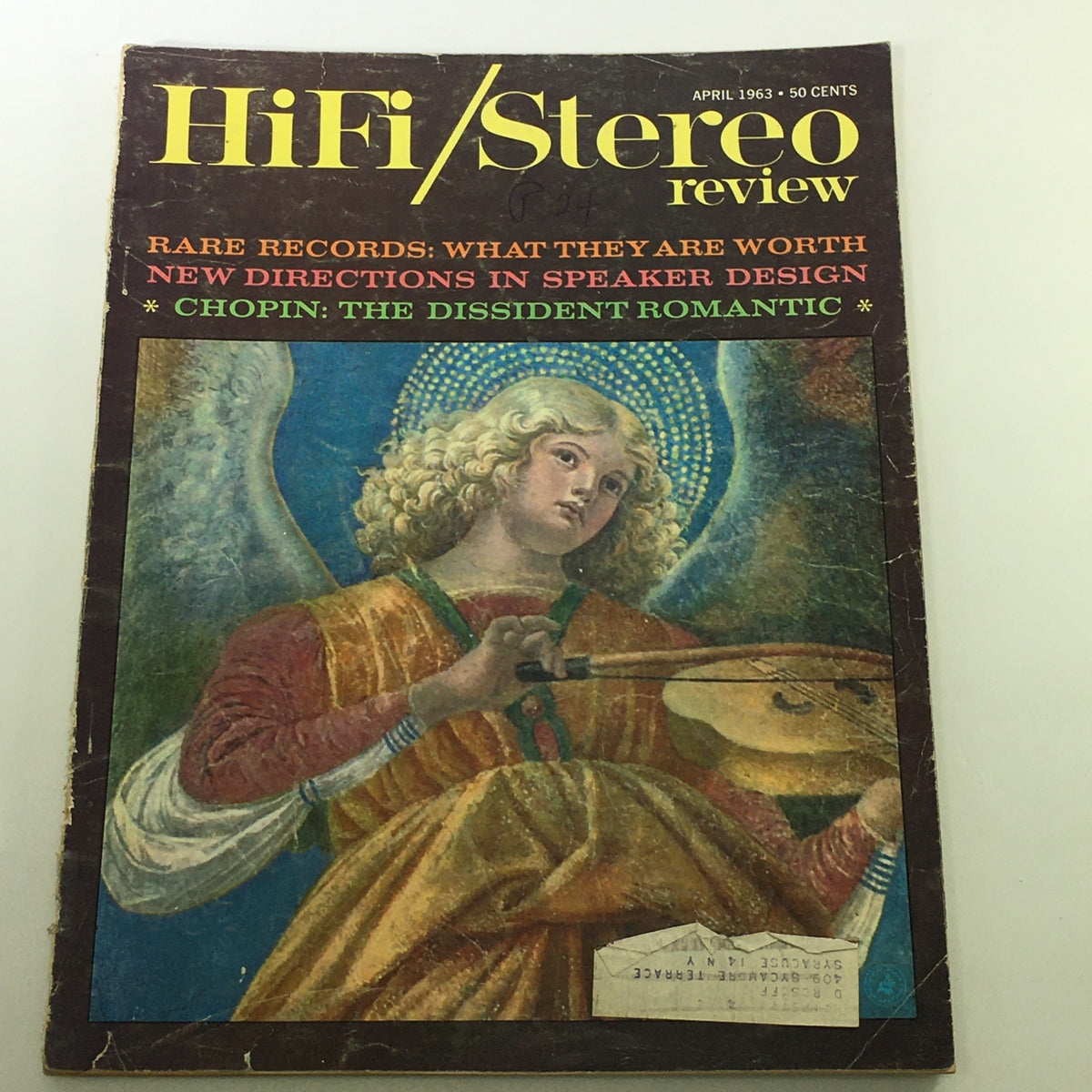 Cover of VTG HiFi Stereo Review Magazine April 1963 featuring an angelic figure and the title 'Chopin: The Dissident Romantic'. Highlights include articles on rare records and speaker design.
