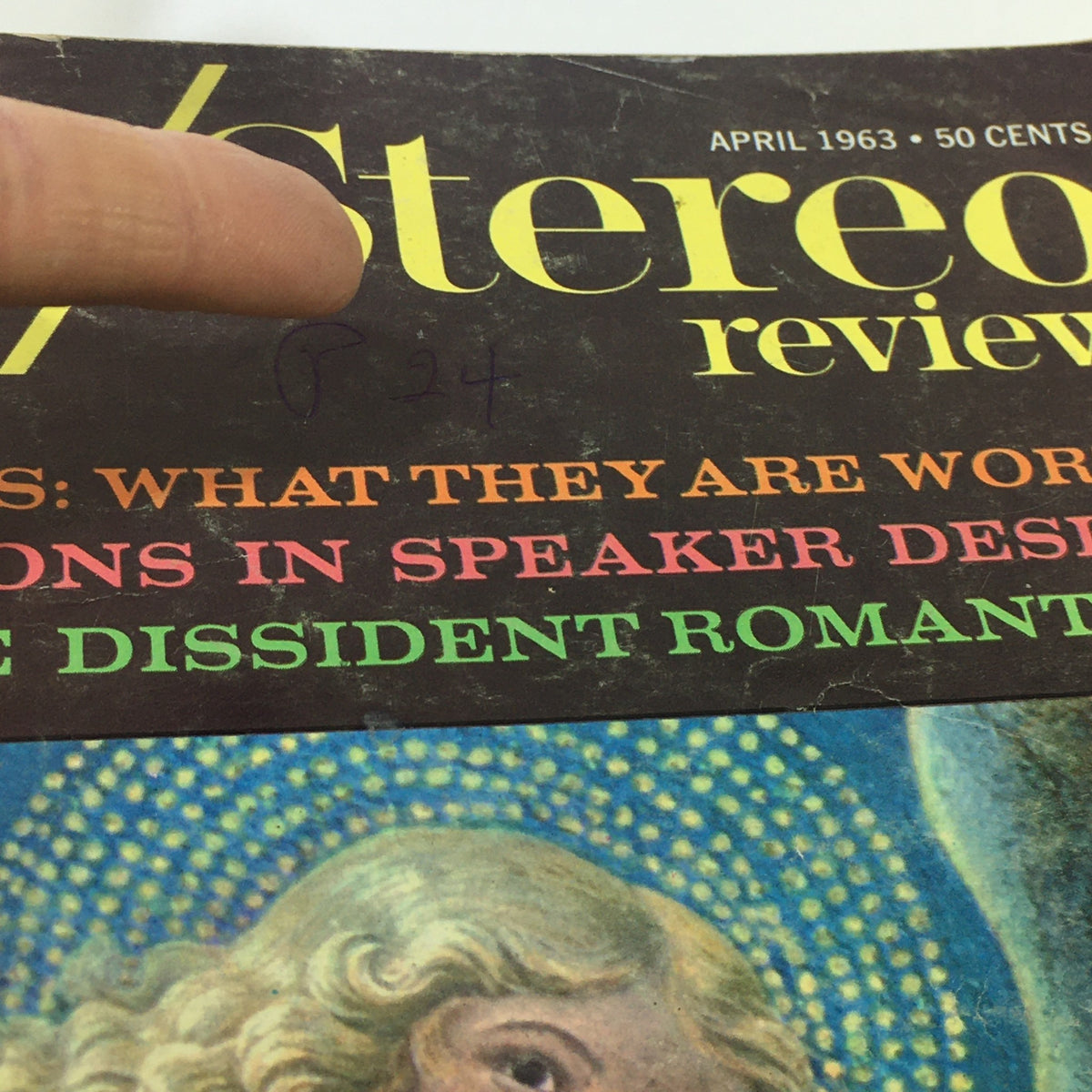 Close-up of the top section of VTG HiFi Stereo Review Magazine April 1963, showing title details and a handwritten note, emphasizing its vintage quality.