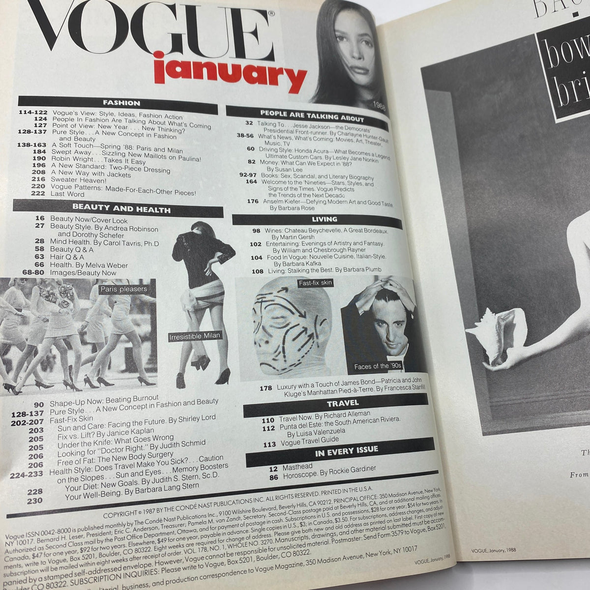 Inside page of VTG Vogue Magazine January 1988, displaying the table of contents with topics on fashion, beauty, and health, reflecting the magazine's editorial style.