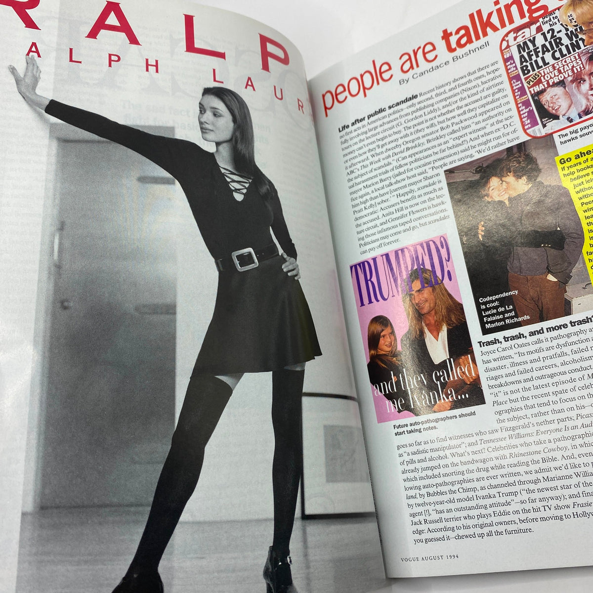 Vogue Magazine August 1994 showcasing a Ralph Lauren advertisement with a model in a stylish black dress and thigh-high stockings, emphasizing 90s fashion and culture.