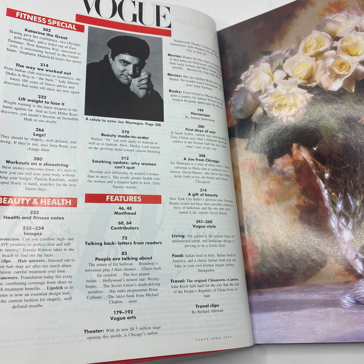 Contents page of Vogue Magazine April 1991 featuring sections on fitness, beauty, health, and notable articles, showcasing the era's editorial design.