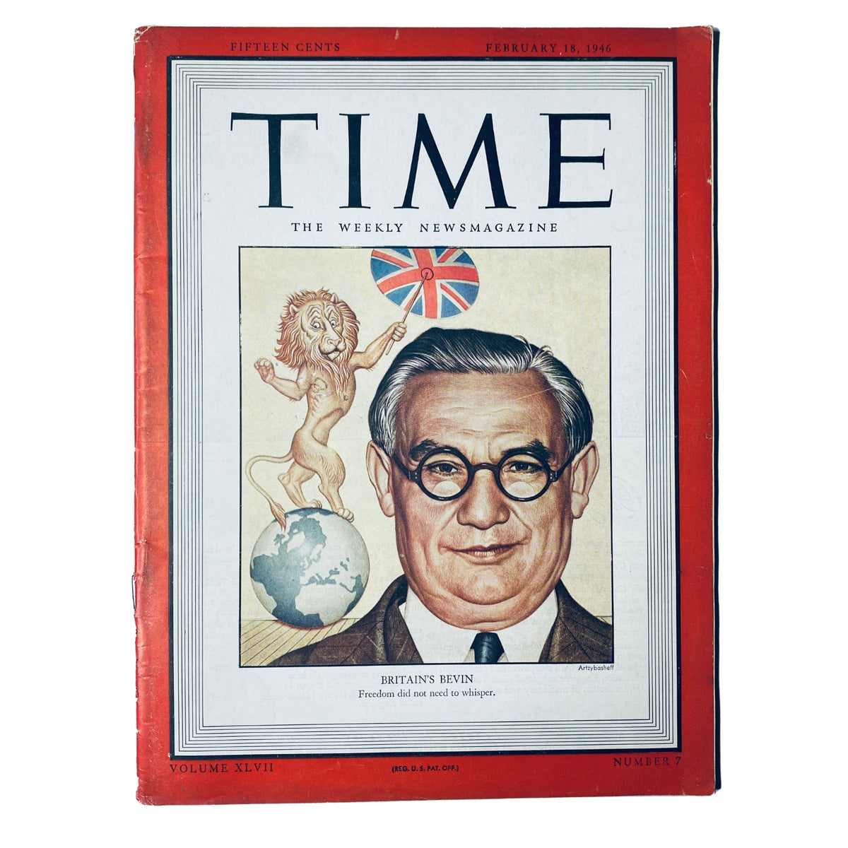 Time Magazine cover from February 18, 1946, Vol. 47 No. 7 featuring Britain's Ernest Bevin, illustrated with a globe and a lion with the Union Jack.