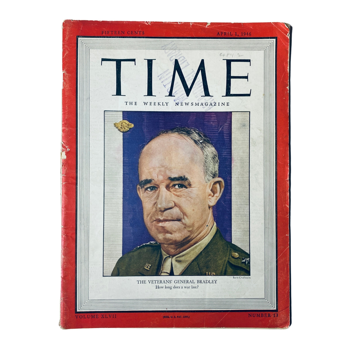 Time Magazine cover from April 1, 1946, Vol. 47 No. 13 featuring General Omar Bradley, highlighting his leadership during World War II and his role as Administrator of the Veterans Administration.