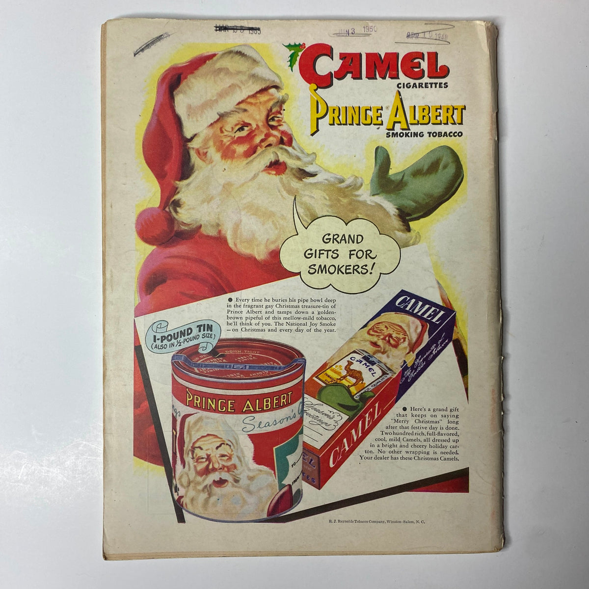 Vintage advertisement for Camel cigarettes featuring Santa Claus with a can of Prince Albert smoking tobacco, promoting holiday gifts for smokers.