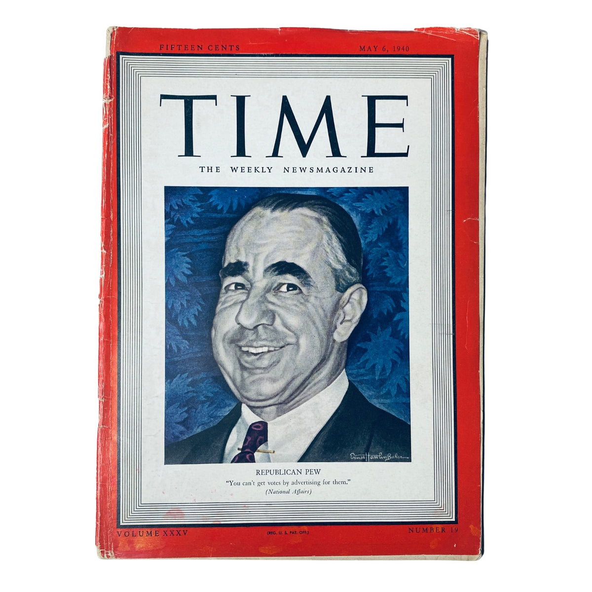 Cover of Time Magazine, May 6, 1940, Vol. 35 No. 19 featuring Republican Joseph N. Pew Jr. with a colorful portrait and a quote about voting.