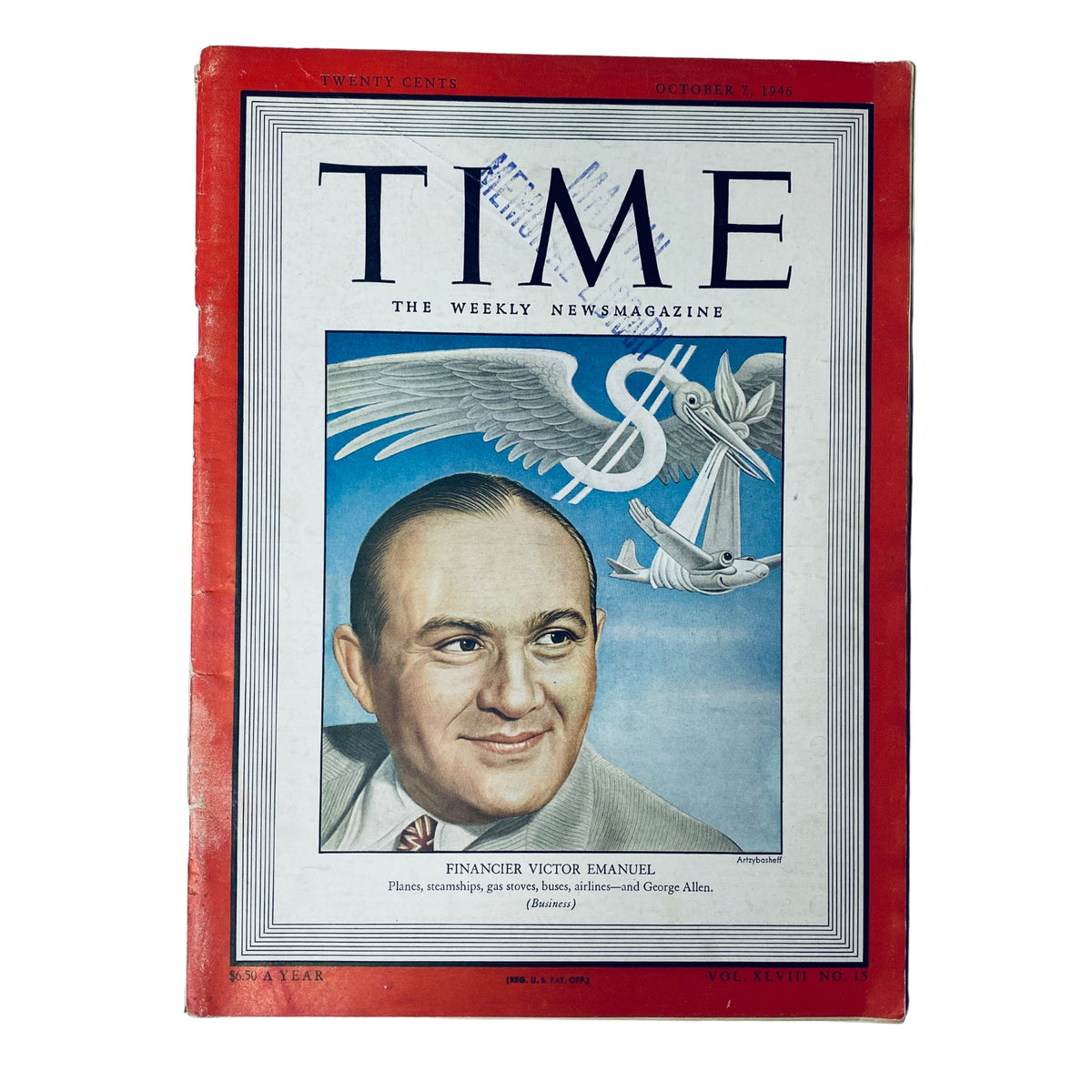 Time Magazine cover from October 7, 1946, Vol. 48, No. 15, featuring financier Victor Emanuel with a background of aviation and industrial elements.