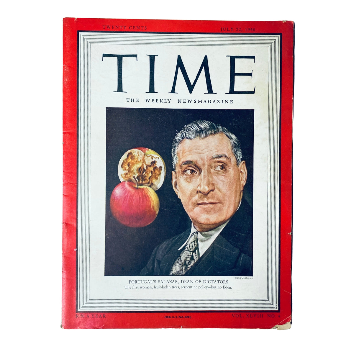 Cover of Time Magazine, July 22, 1946, Vol 48 No 4, featuring António Salazar, Portugal's authoritarian ruler, with a red border and artistic depiction.