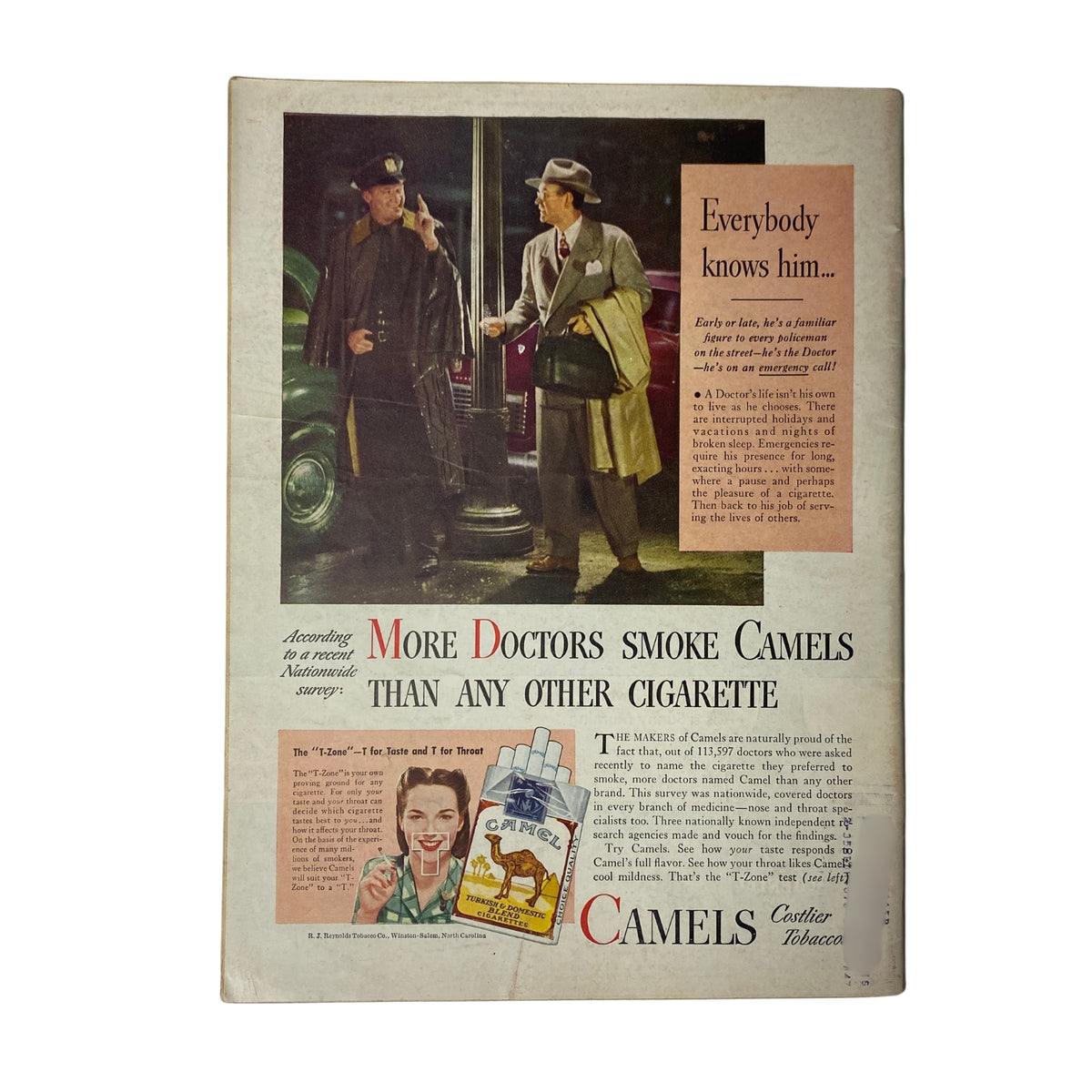 Back cover of Time Magazine, July 22, 1946, featuring a vintage advertisement for Camels cigarettes, showcasing doctors and the slogan 'More Doctors Smoke Camels Than Any Other Cigarette'.