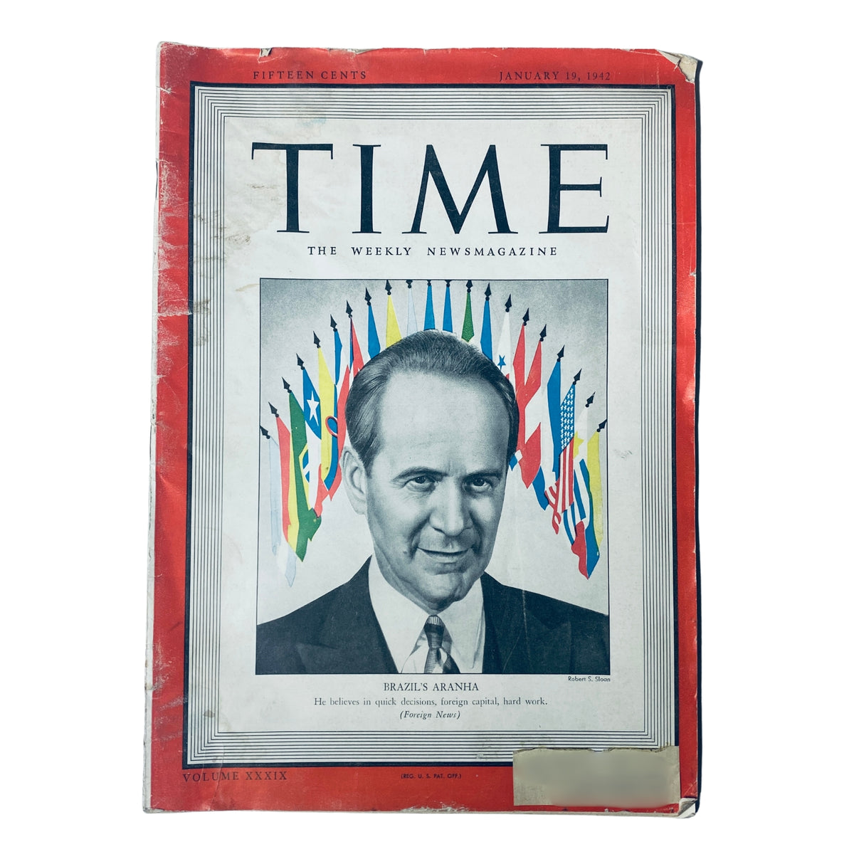 Cover of Time Magazine, January 19, 1942, Vol. 39 No. 3 featuring Brazil's Oswaldo Aranha, the Foreign Minister, depicted with colorful flags representing multiple nations, illustrating his role in World War II diplomacy.