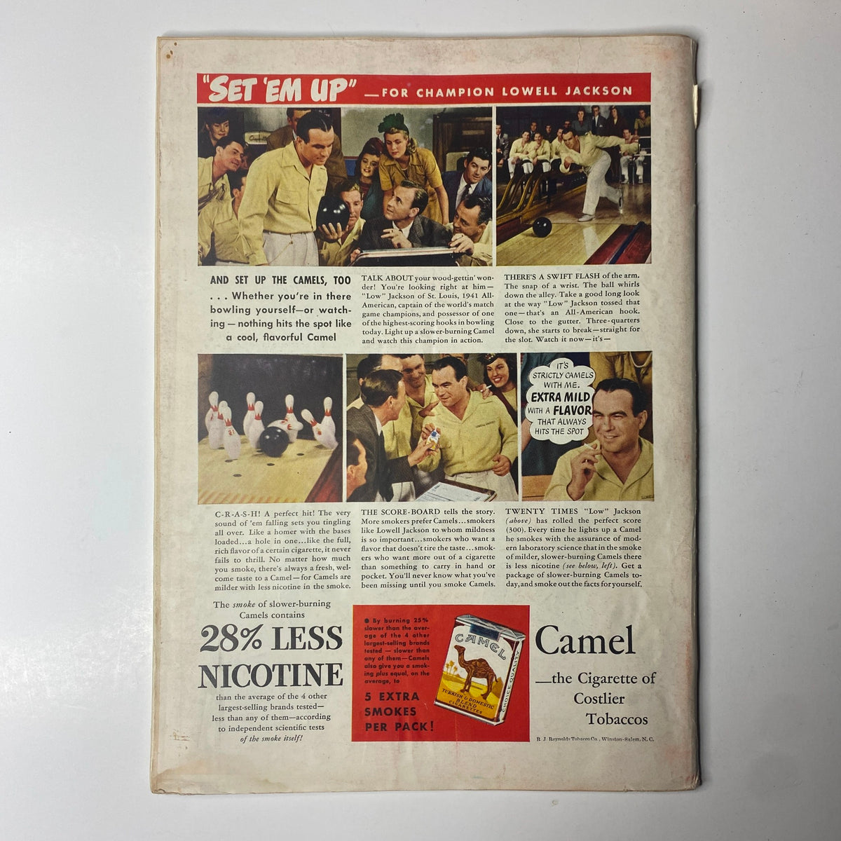 Back cover of Time Magazine February 9, 1942 Vol 39 No. 6 featuring an advertisement for Camel cigarettes, showcasing bowling scenes and promoting 'Set 'Em Up' for champion Lowell Jackson, highlighting the brand's appeal and features such as 28% less nicotine.