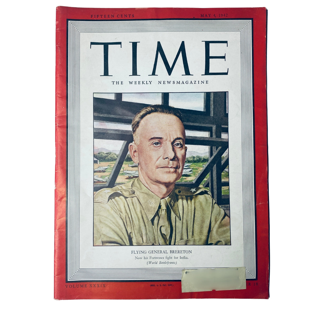 Time Magazine cover dated May 4, 1942, featuring Flying General Lewis H. Brereton, Volume 39, Number 18, highlighting wartime air campaigns.
