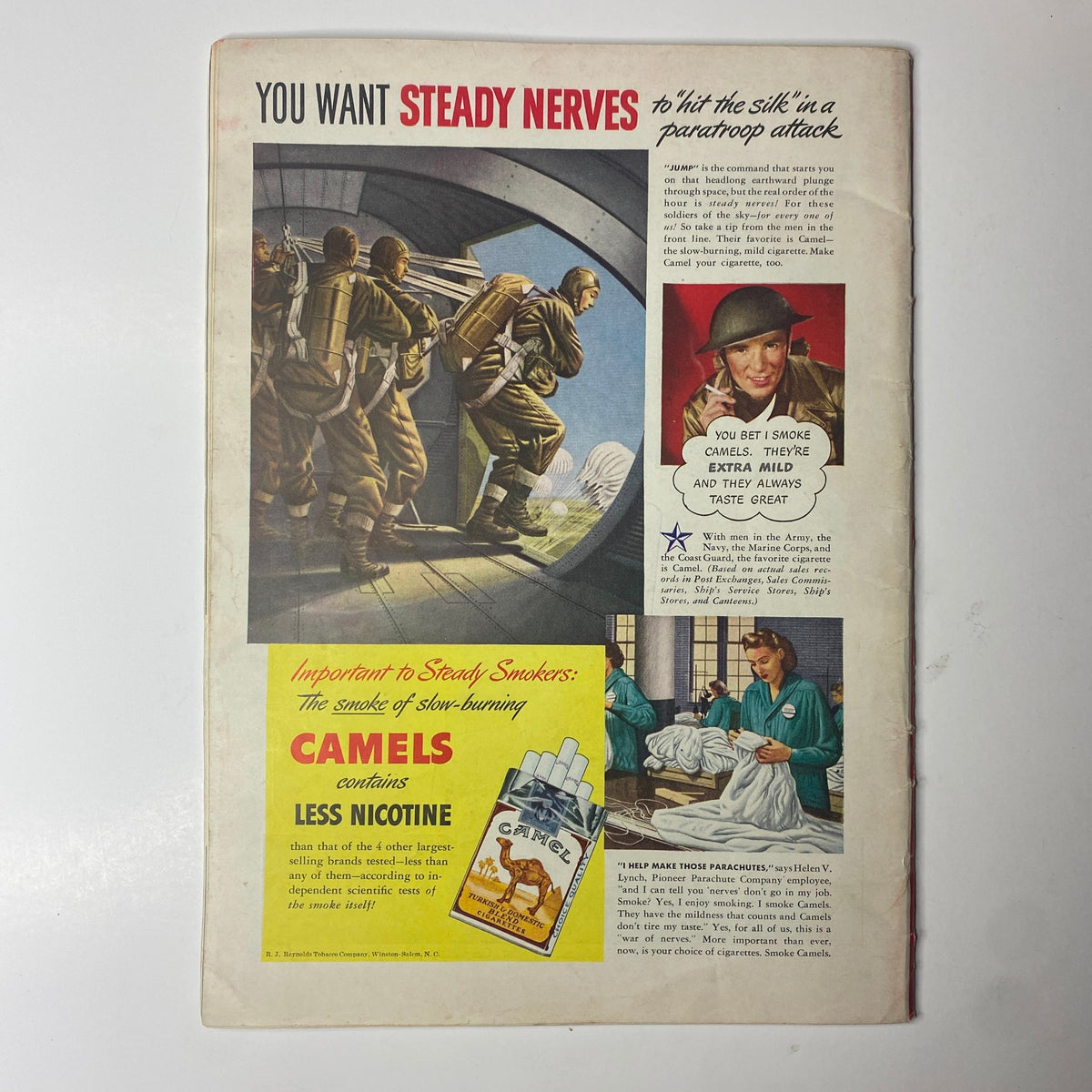 Interior advertisement page from Time Magazine June 29, 1942, showcasing a promotional campaign for Camel cigarettes, emphasizing their slow-burning quality and low nicotine content, with images of soldiers and a civilian.