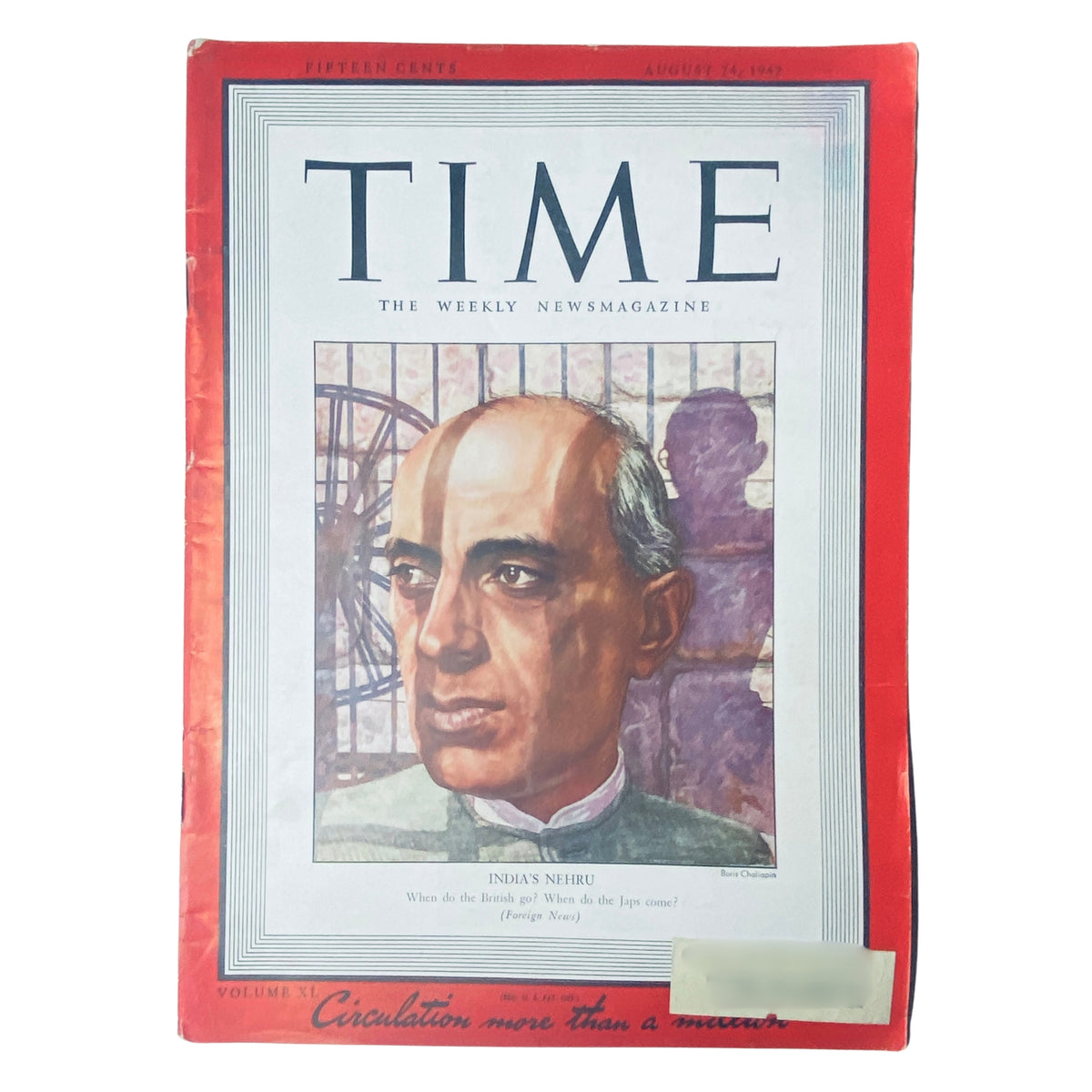 Cover of Time Magazine dated August 24, 1942, featuring Jawaharlal Nehru, a significant figure in India's independence movement, with the title 'Time The Weekly Newsmagazine' and highlighting his prominent role against British colonial rule.