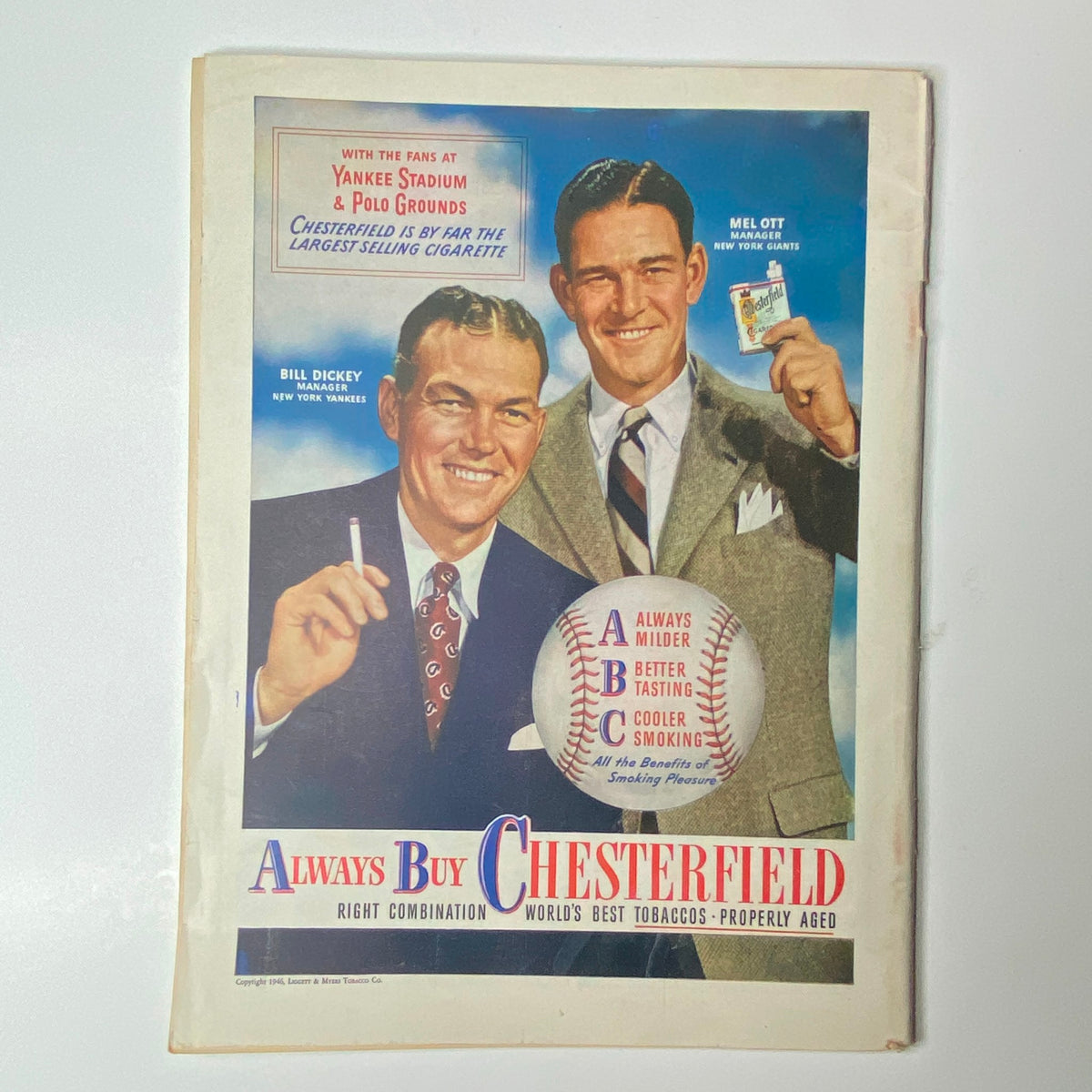 Back cover of Time Magazine September 9, 1946 showcasing an advertisement for Chesterfield cigarettes, featuring Bill Dickey and Mel Ott.