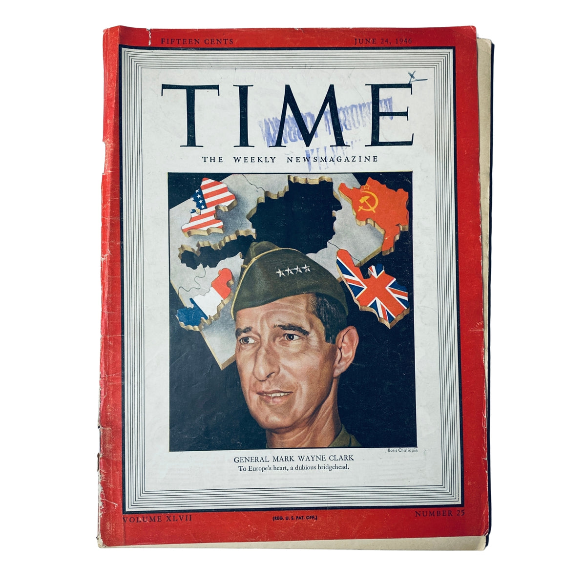 Cover of Time Magazine dated June 24, 1946, Vol. 47, No. 25 featuring General Mark Wayne Clark with map background and flags of the United States, United Kingdom, and USSR.