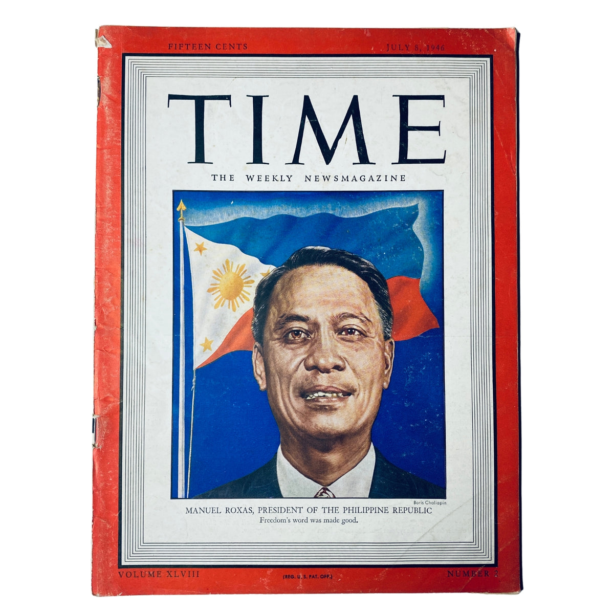 Cover of Time Magazine, July 8, 1946, Vol 48 No. 2 featuring Manuel Roxas, President of the Philippine Republic, with the Philippine flag in the background. The magazine showcases significant historical context as Roxas was the first president after the independence of the Philippines.
