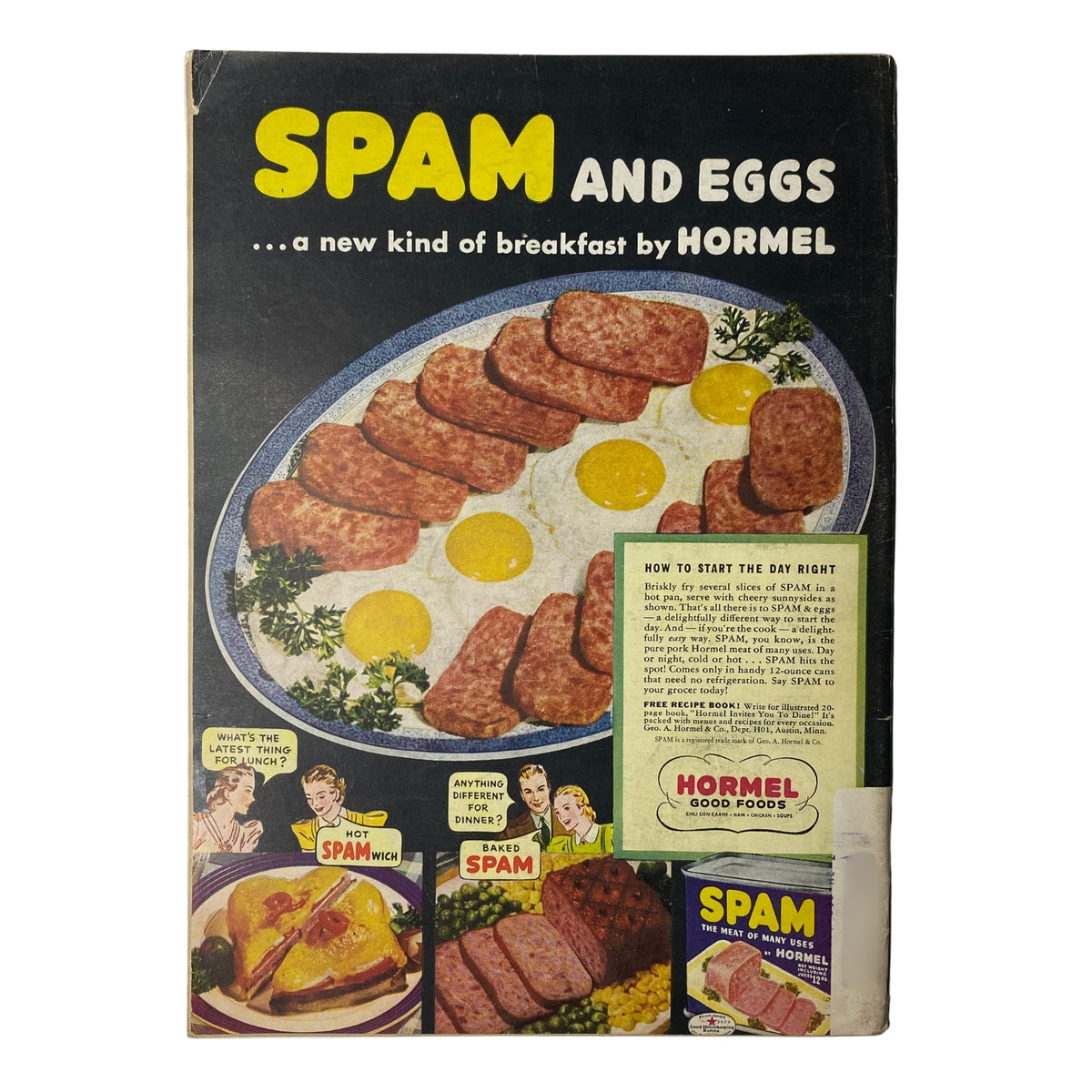Vintage advertisement for SPAM and eggs by Hormel on the back cover of a magazine, illustrating a breakfast dish with fried SPAM and eggs, promoting a new kind of breakfast.