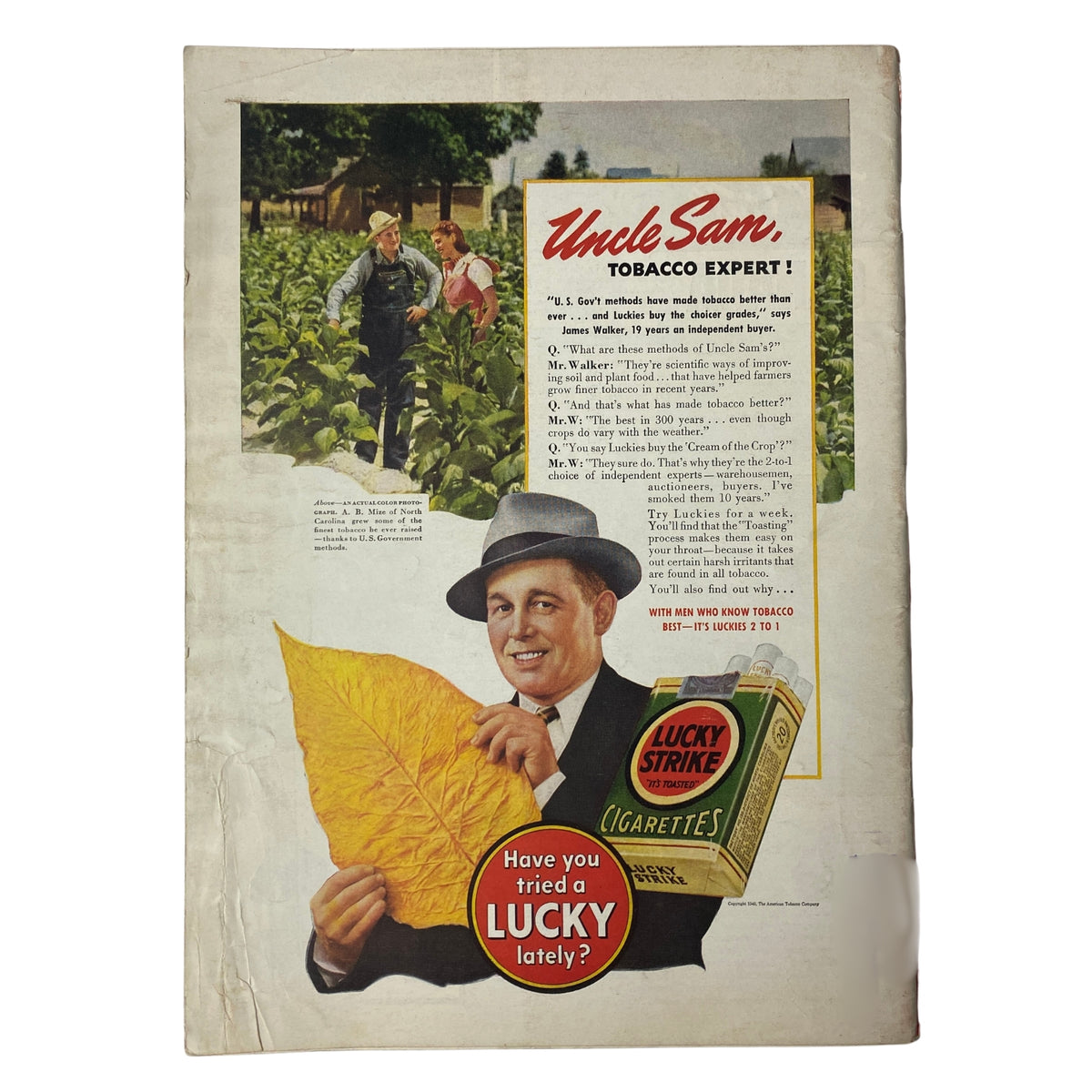 Back cover of Time Magazine February 19, 1940, Volume 35, Number 8, featuring an advertisement for Lucky Strike cigarettes with an illustration of a man holding a tobacco leaf.