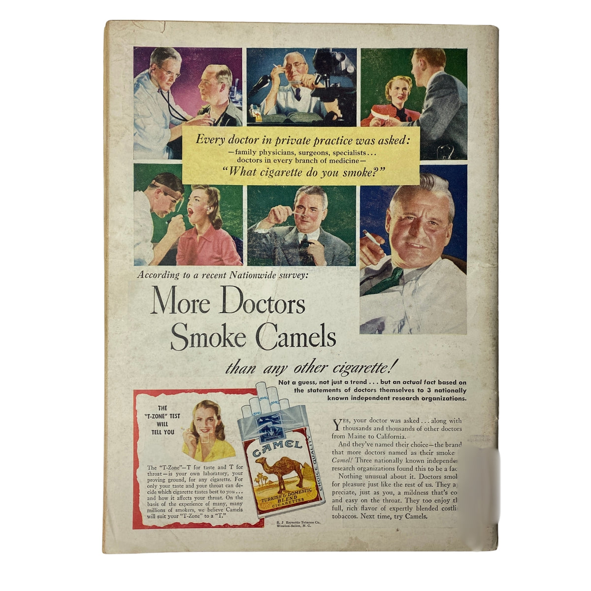 Vintage advertisement for Camel cigarettes featured in Time Magazine January 14, 1946, Vol 47 No. 2 with images of doctors promoting the brand, emphasizing 'More Doctors Smoke Camels than any other cigarette'.