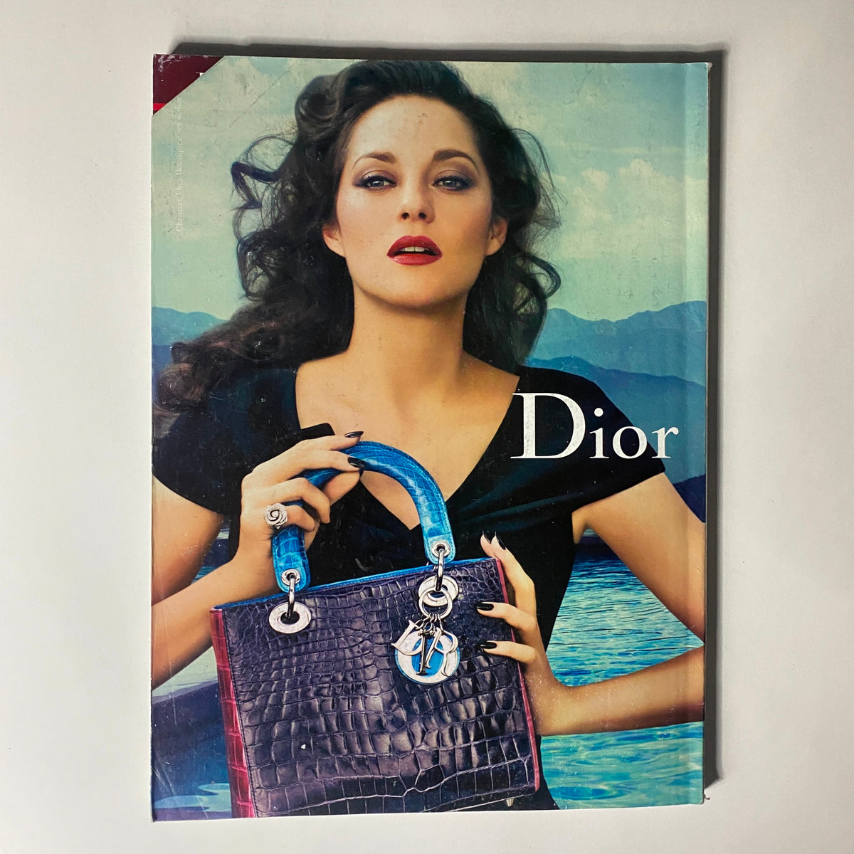 Dior fashion advertisement featuring a glamorous model holding a luxurious handbag against a scenic background, part of Vogue Magazine February 2012 with Taylor Swift by Mario Testino.