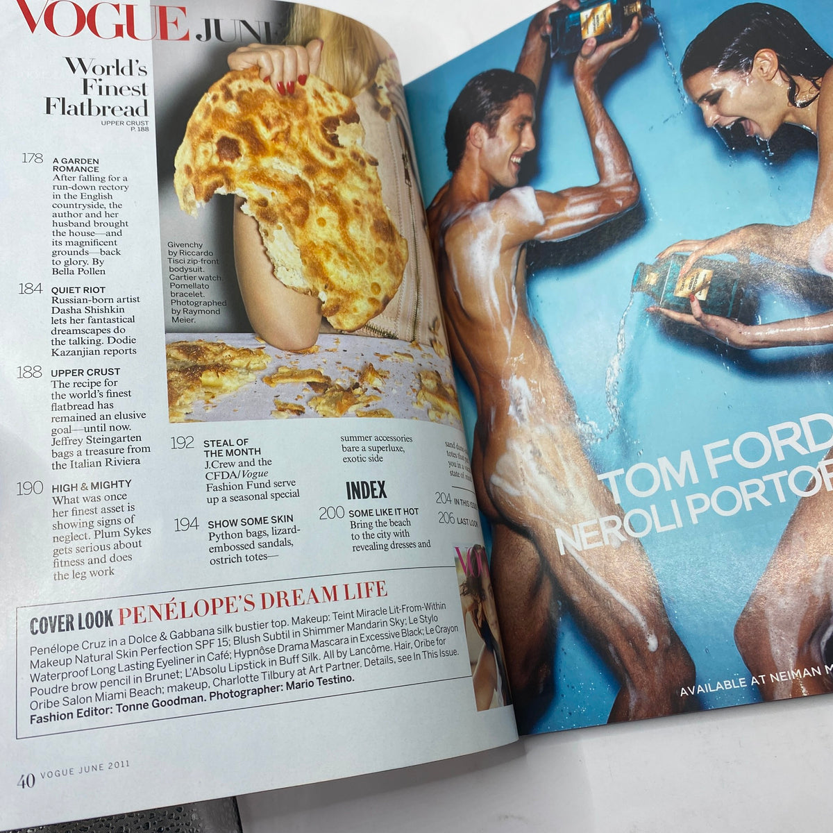 Inside page from Vogue Magazine June 2011, highlighting Penelope Cruz's feature article along with a stylish image paired with a Tom Ford advertisement, showcasing key summer fashion.