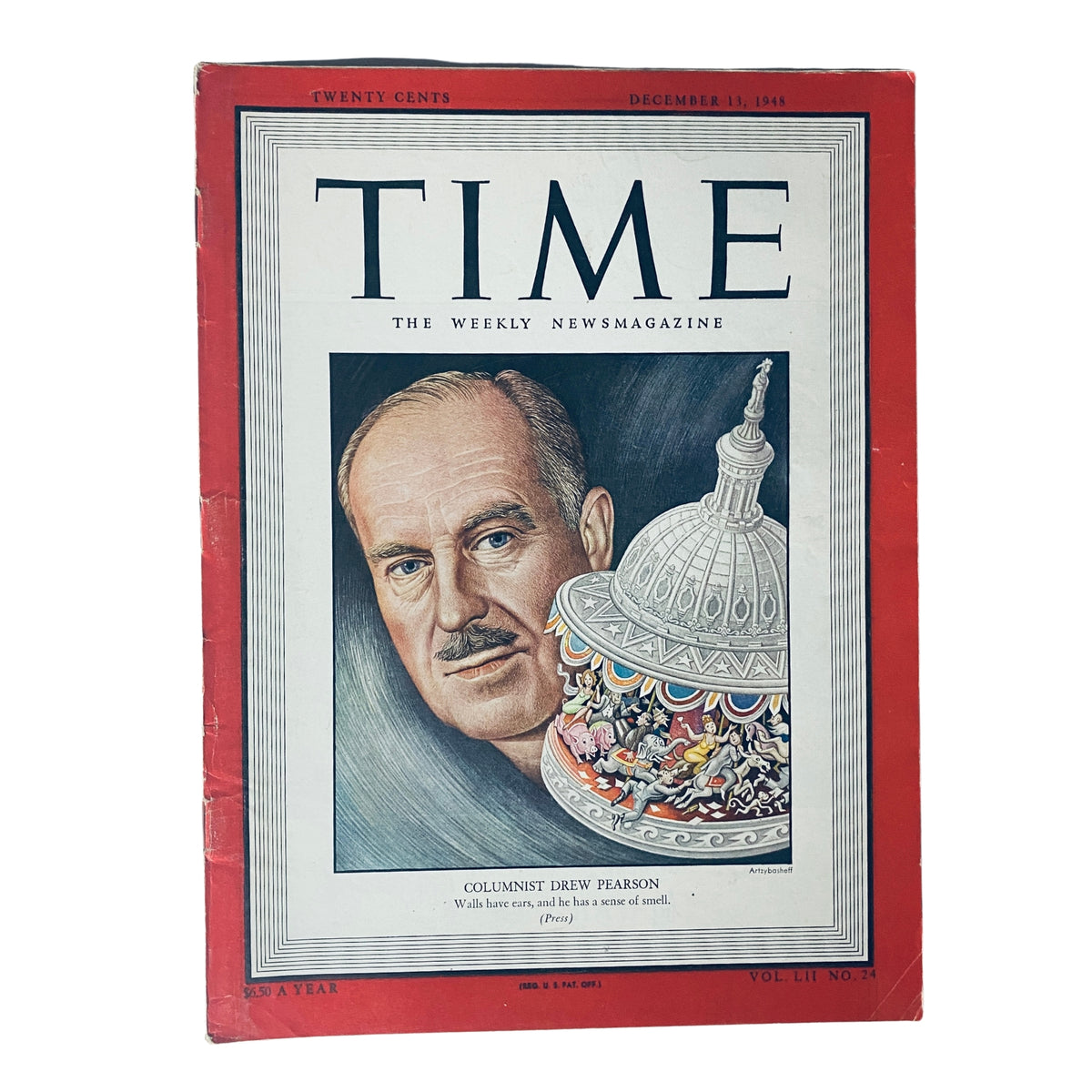 Cover of Time Magazine December 13, 1948 Vol 52 No. 24 featuring columnist Drew Pearson, showcasing his portrait and a depiction of the U.S. Capitol.