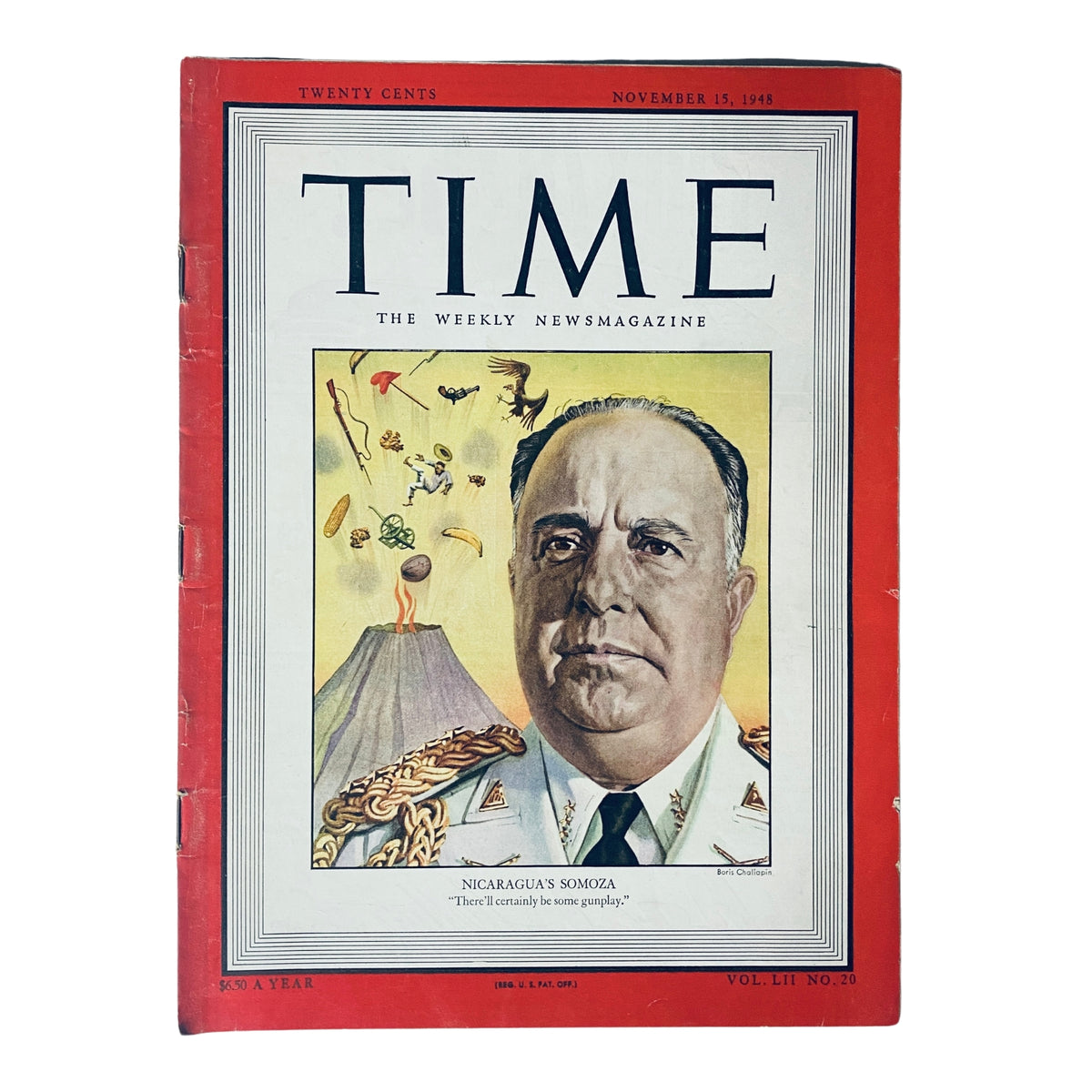 Cover of Time Magazine from November 15, 1948, Volume 52, Number 20, featuring Nicaragua's Anastasio Somoza. The image showcases Somoza in military attire, with a colorful background that hints at themes of nature and Latin American culture.