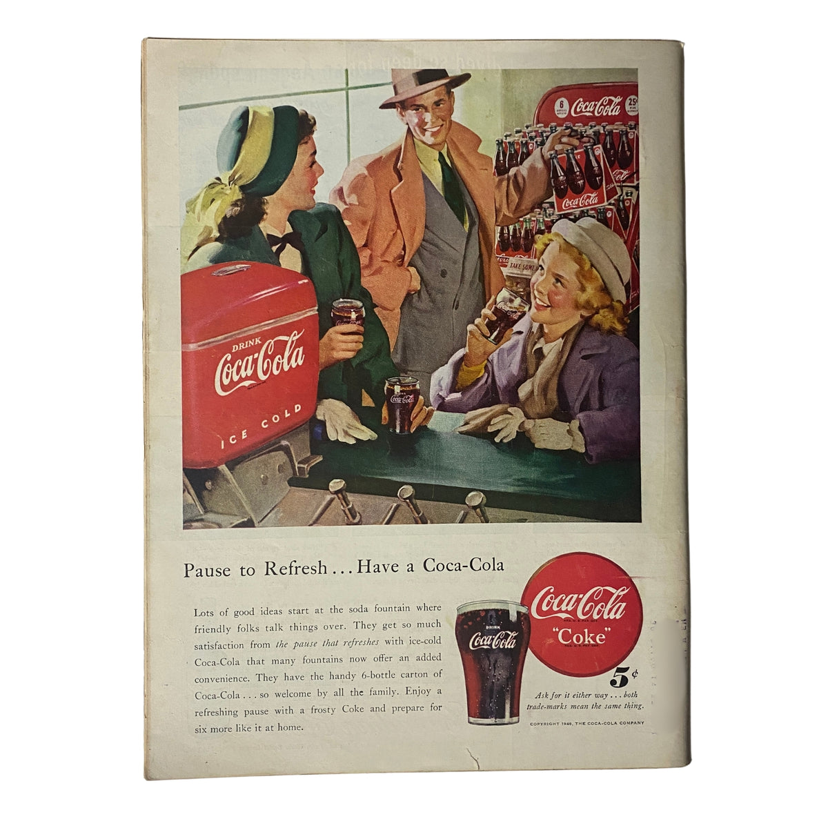 Vintage advertisement for Coca-Cola featuring a group of four people enjoying drinks at a soda fountain. The ad captures a friendly social setting, promoting Coca-Cola with the slogan 'Pause to Refresh... Have a Coca-Cola'. This image is related to Time Magazine November 15, 1948 Vol 52 No. 20 featuring Nicaragua's Anastasio Somoza.