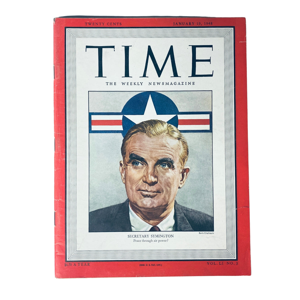 Cover of Time Magazine, January 19, 1948, Vol. 51 No. 3 featuring W. Stuart Symington, the first Secretary of the U.S. Air Force, with a backdrop of a star emblem and the tagline 'Peace through air power?'.